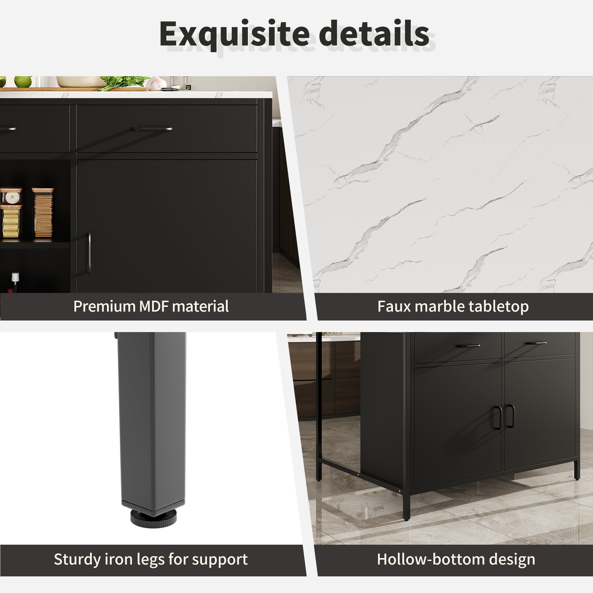 Black Bar Table with Marble Texture Tabletop and Adjustable Feet, MDF