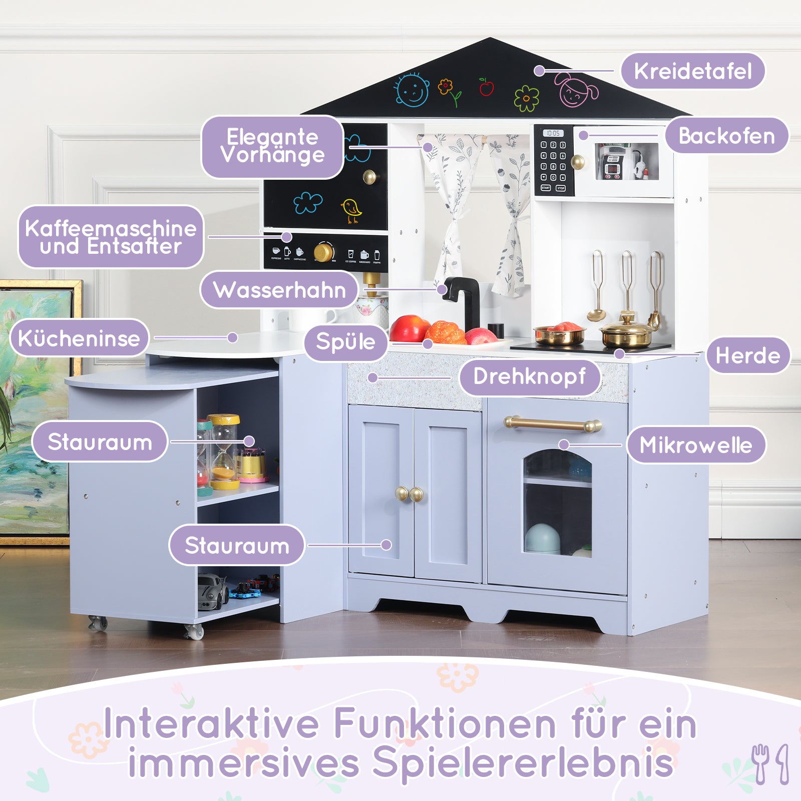 Children's Play Kitchen with Creative House Design and Accessories, White and Purple