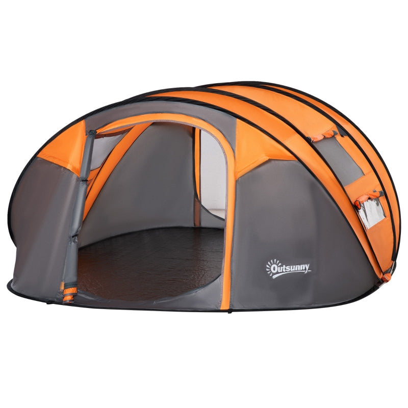 Pop-up Camping Tent 4-5 Person, 2 Mesh & PVC Windows, Orange