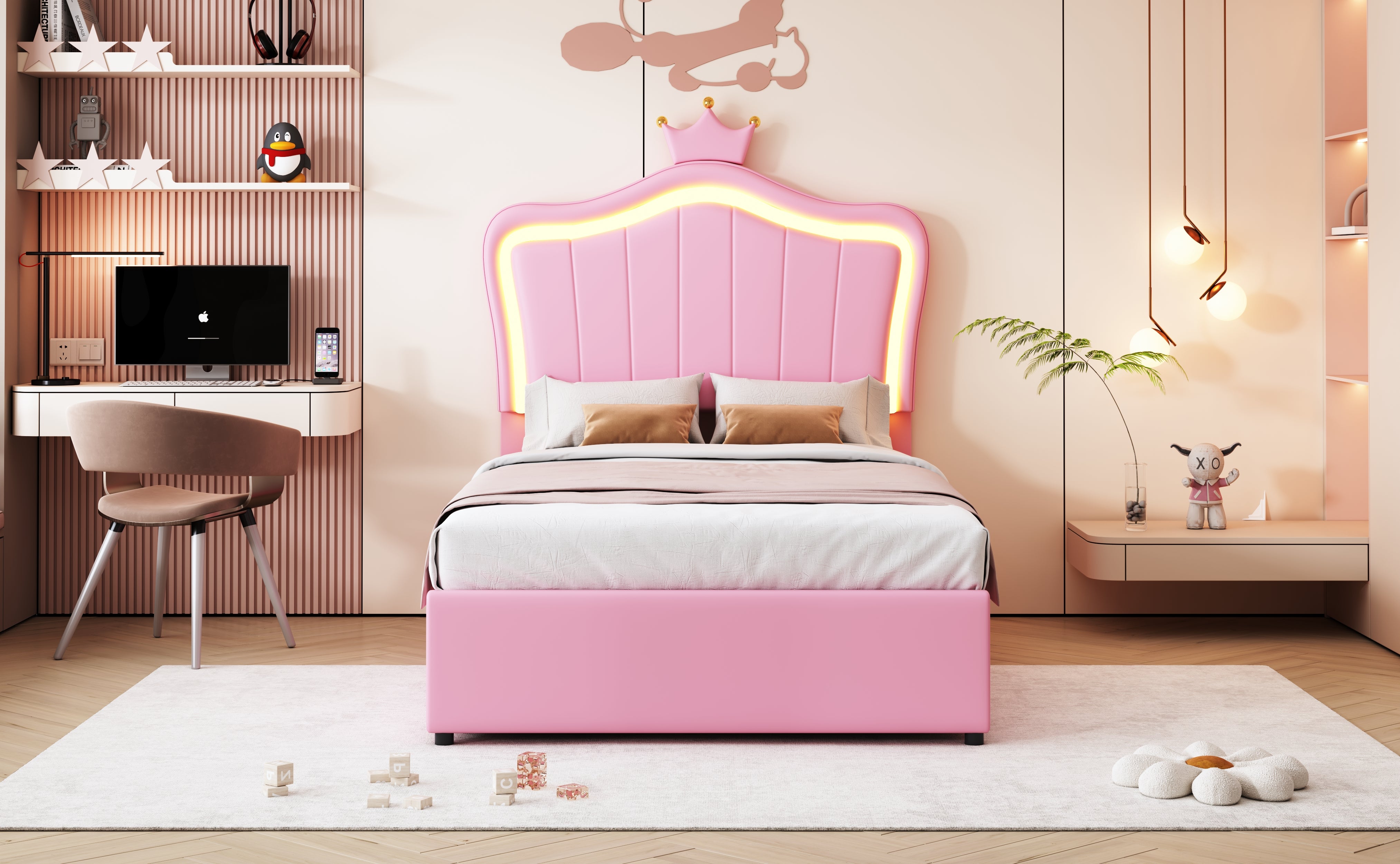 Children's Bed, Crown Design LED Hydraulic Storage, Faux Leather Pink