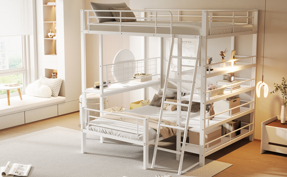 Bunk Bed, Loft 140x200 Multifunctional with Storage, White Metal