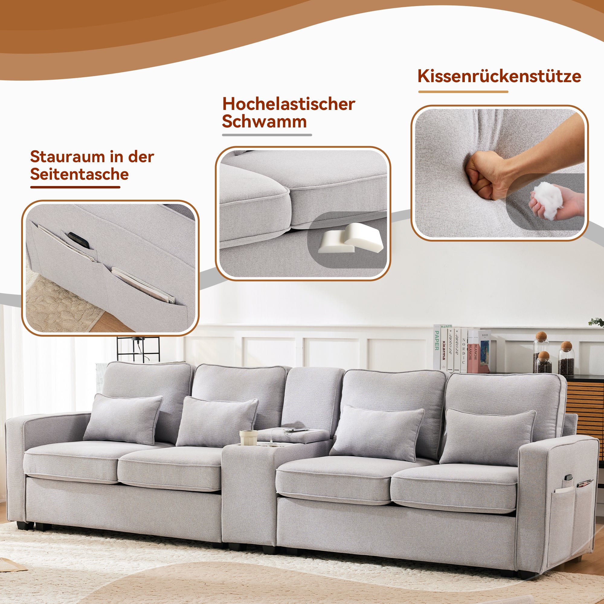 Sofa, 4-Seater with Console, Cupholders, USB, Linen Fabric