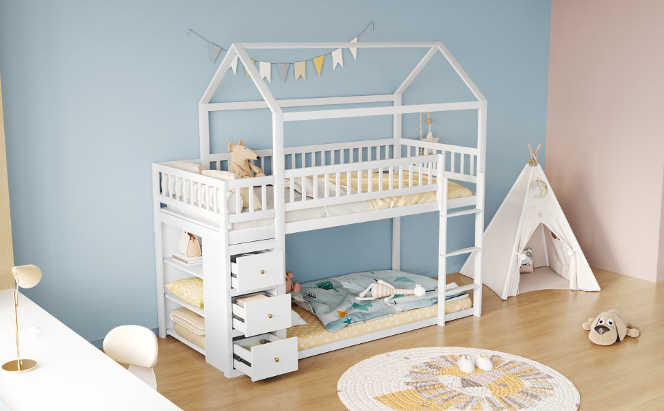 Bunk Bed, House Shape with Storage and Ladder, Solid Wood, White