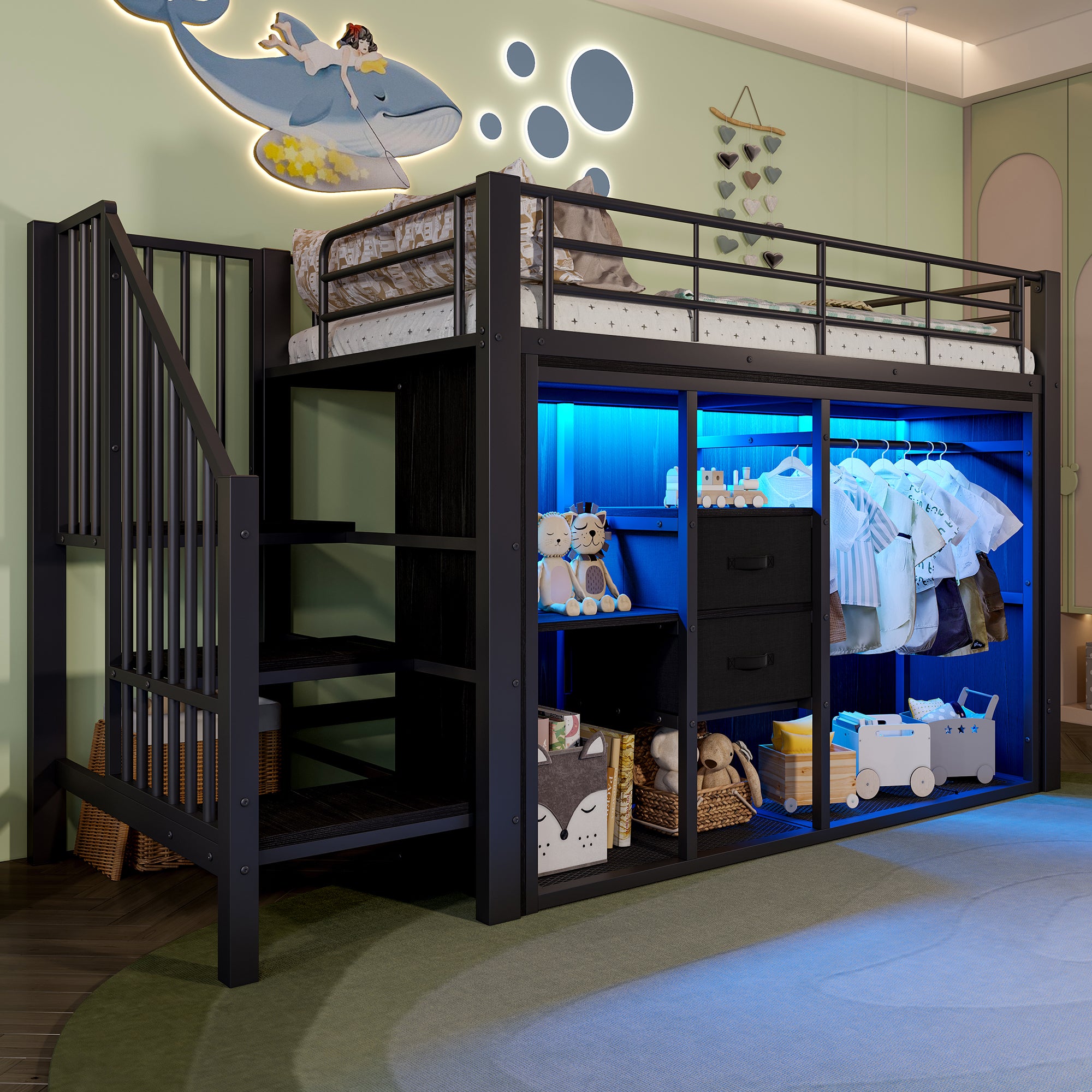 Mid-Height Bed 90x200cm 2 Drawers Open Wardrobe LED Storage - Black