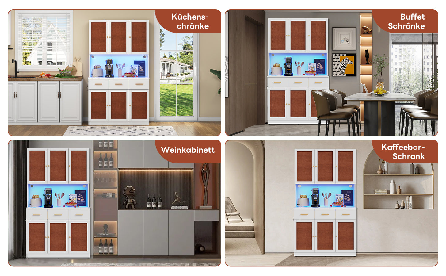Kitchen Sideboard Tall Cabinet with LED & Socket, White Fabric/Solid Wood