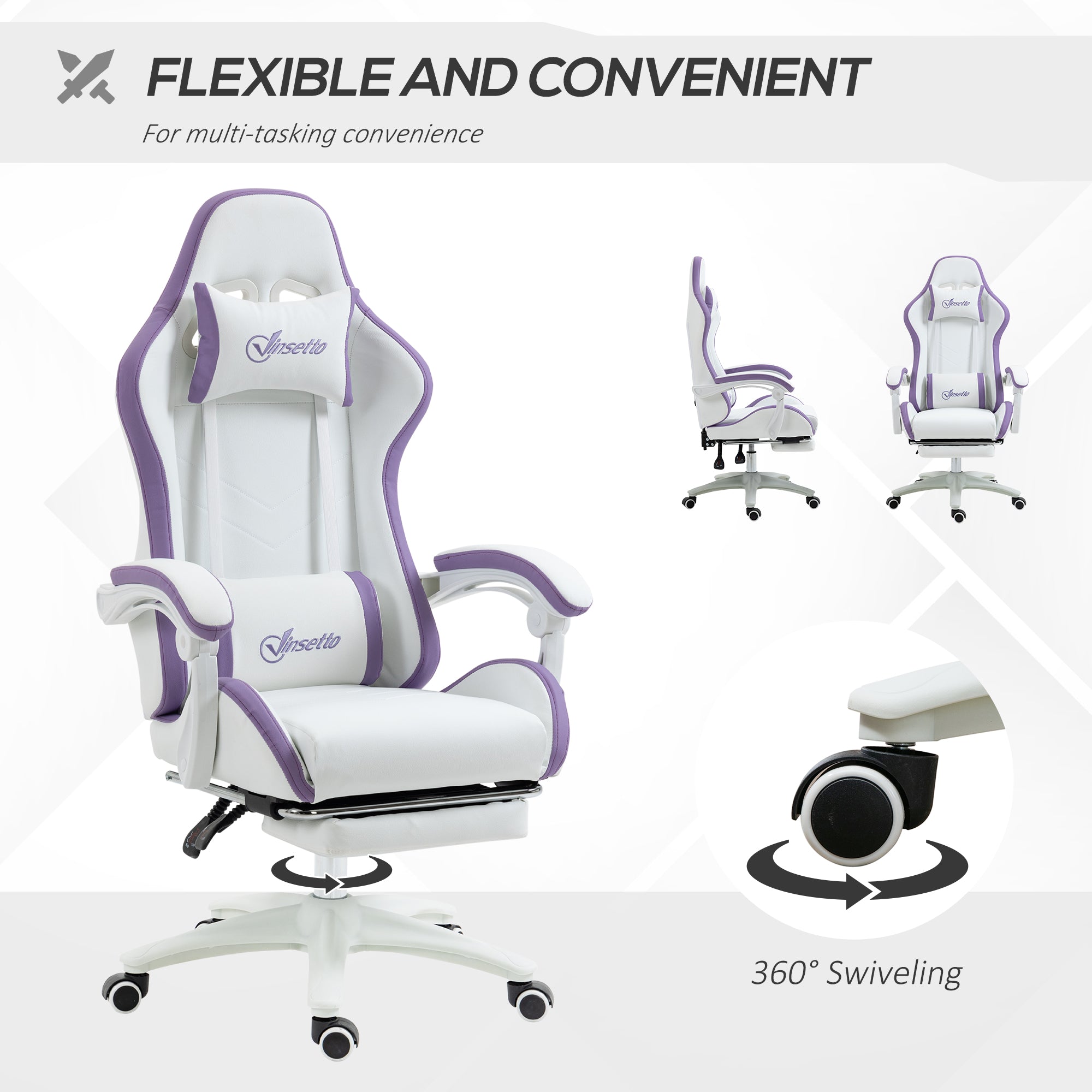 Computer Gaming Chair with Footrest, 135° Reclining Back, Lumbar Support, PU Leather, White and Purple