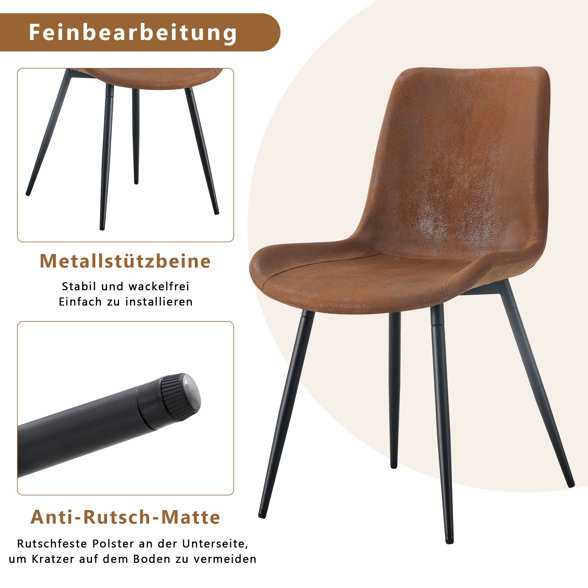 Dining Chairs, Set of 4 Modern Design with Non-Slip Metal Feet, Brown Tech-Fabric