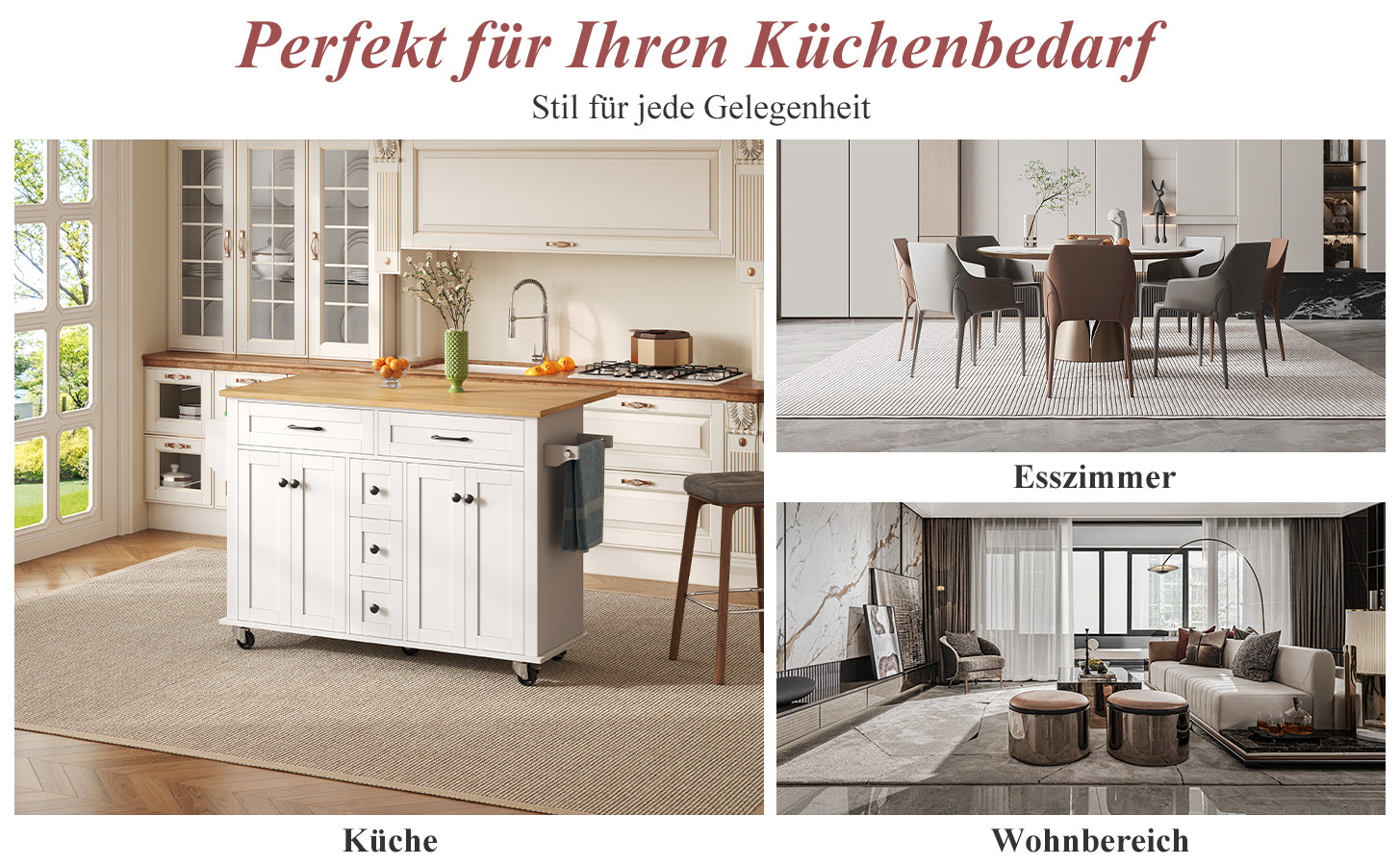 Multifunctional Kitchen Island Extendable Worktop 5 Drawers Storage Racks on Wheels