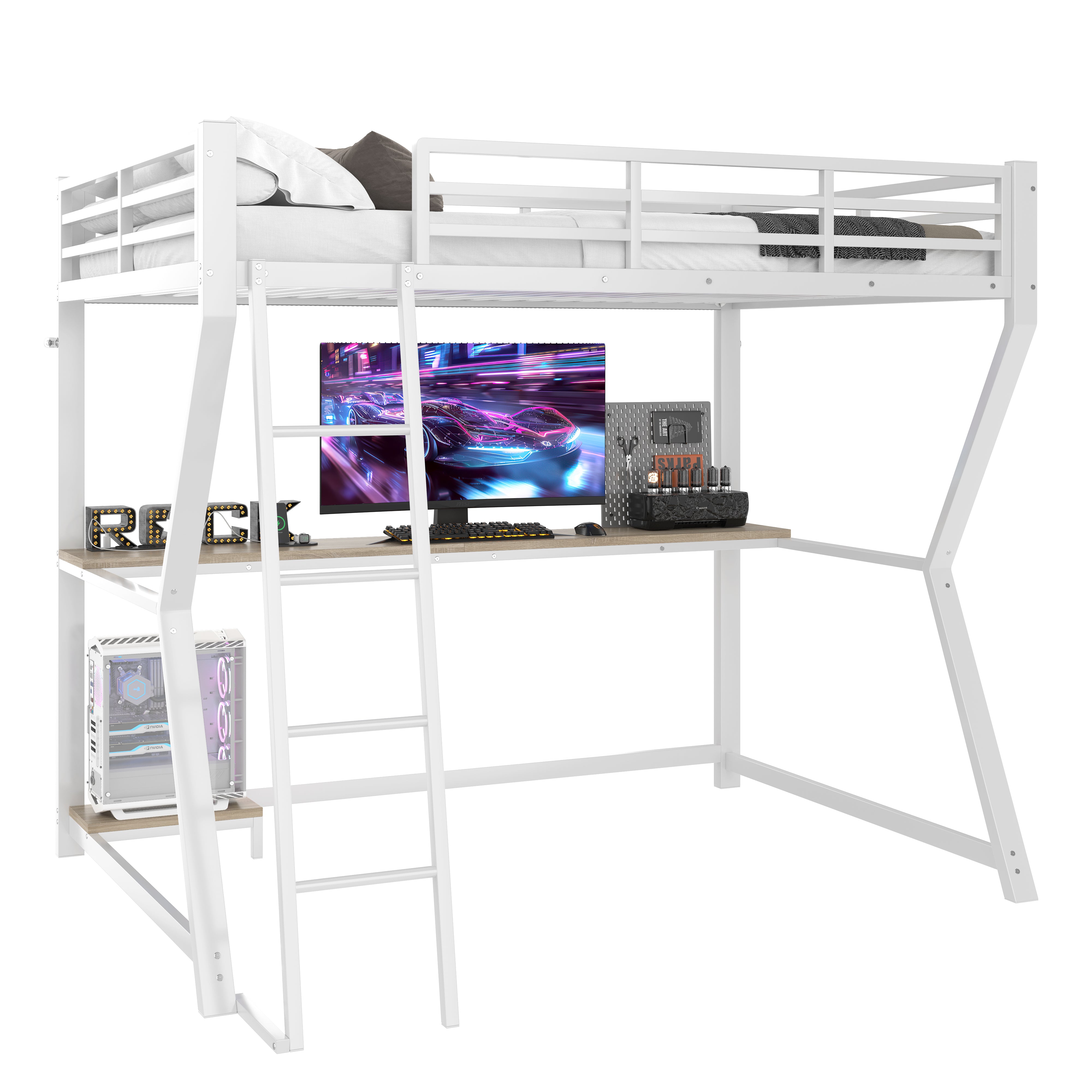 Loft Bed 90x200cm Desk LED USB Port Stairs - White