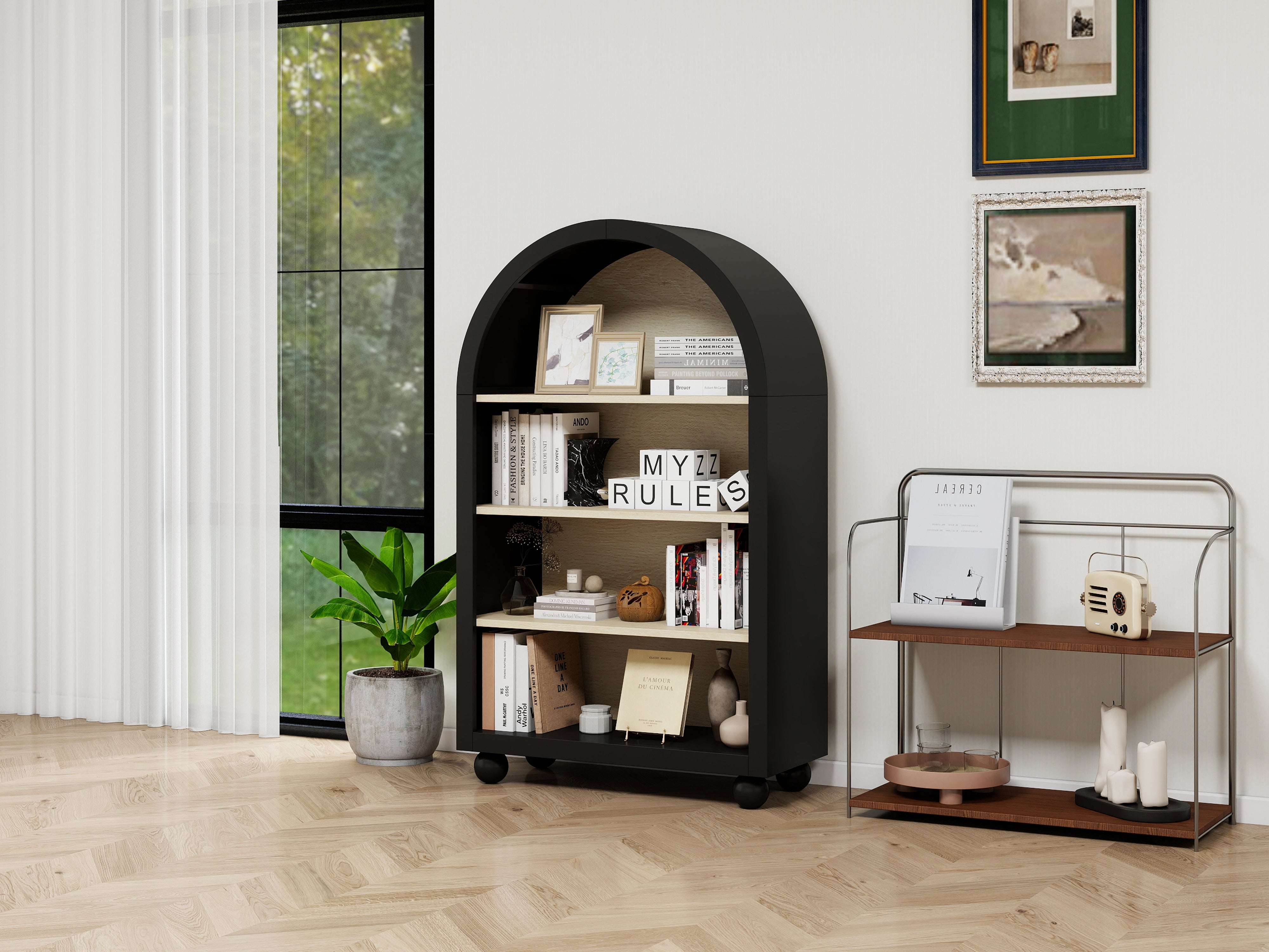 Black arched bookcase, 120cm high, four tiers, modern design