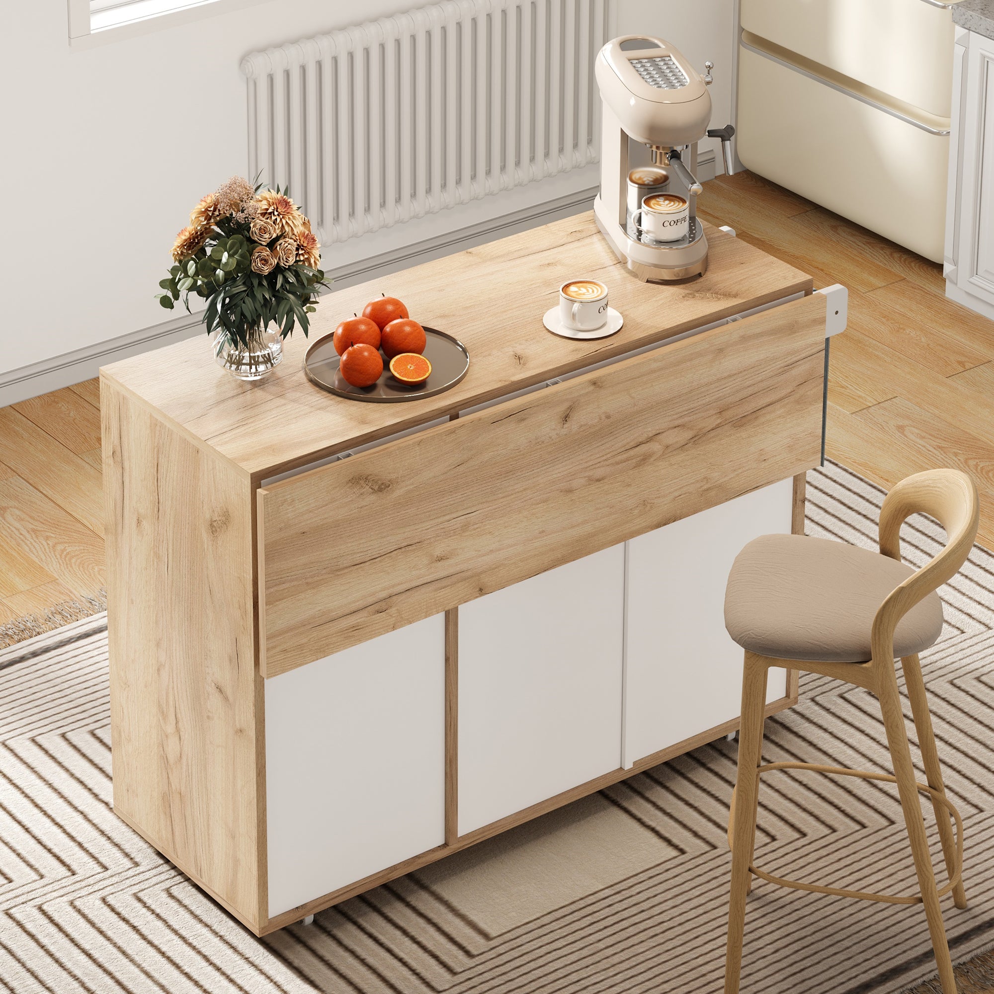 Modern Serving Trolley with 360° Swivel Casters and Storage, White and Wood