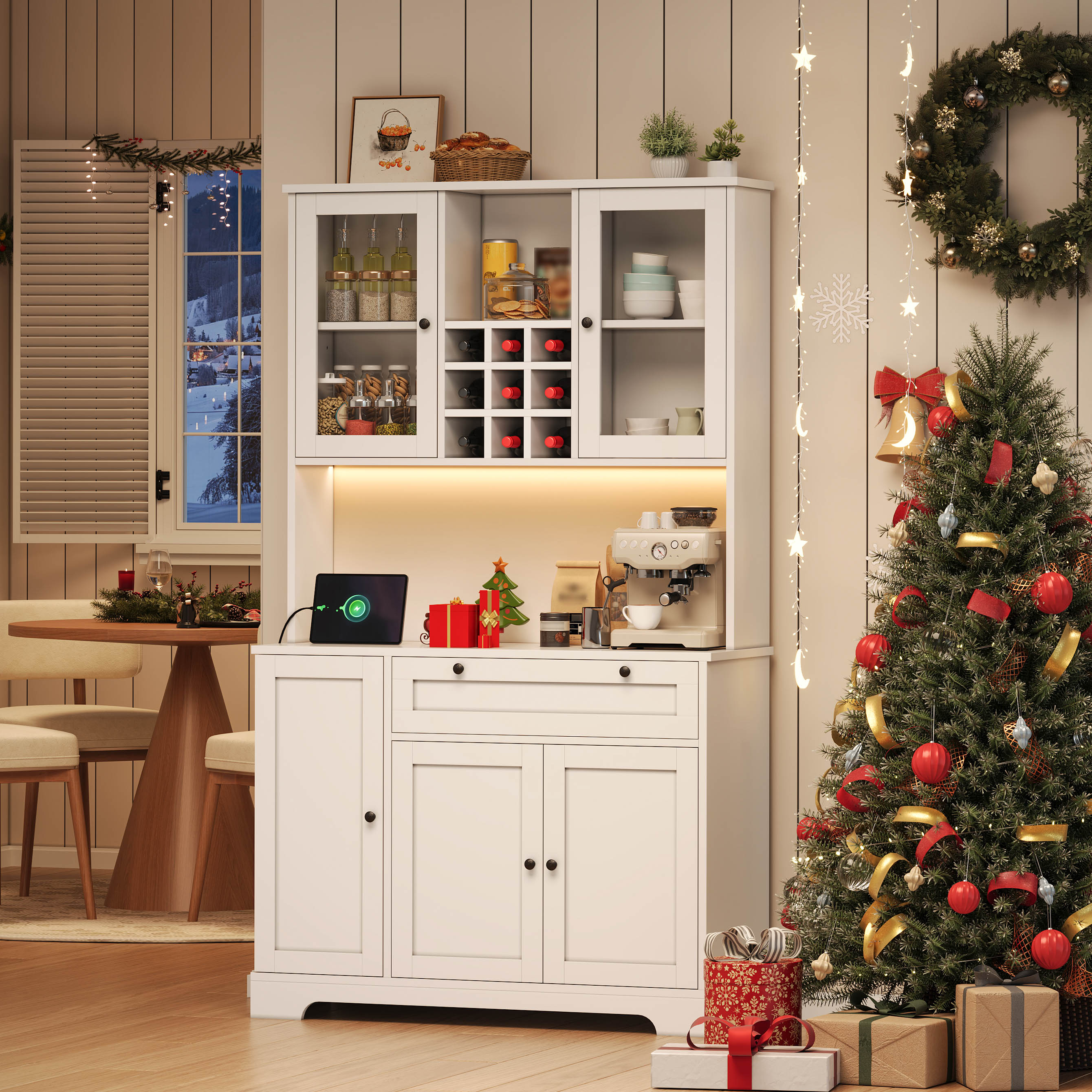 Tall Kitchen Cabinet with LED Lighting, Power Outlet and Spice Rack, White and Wood Look