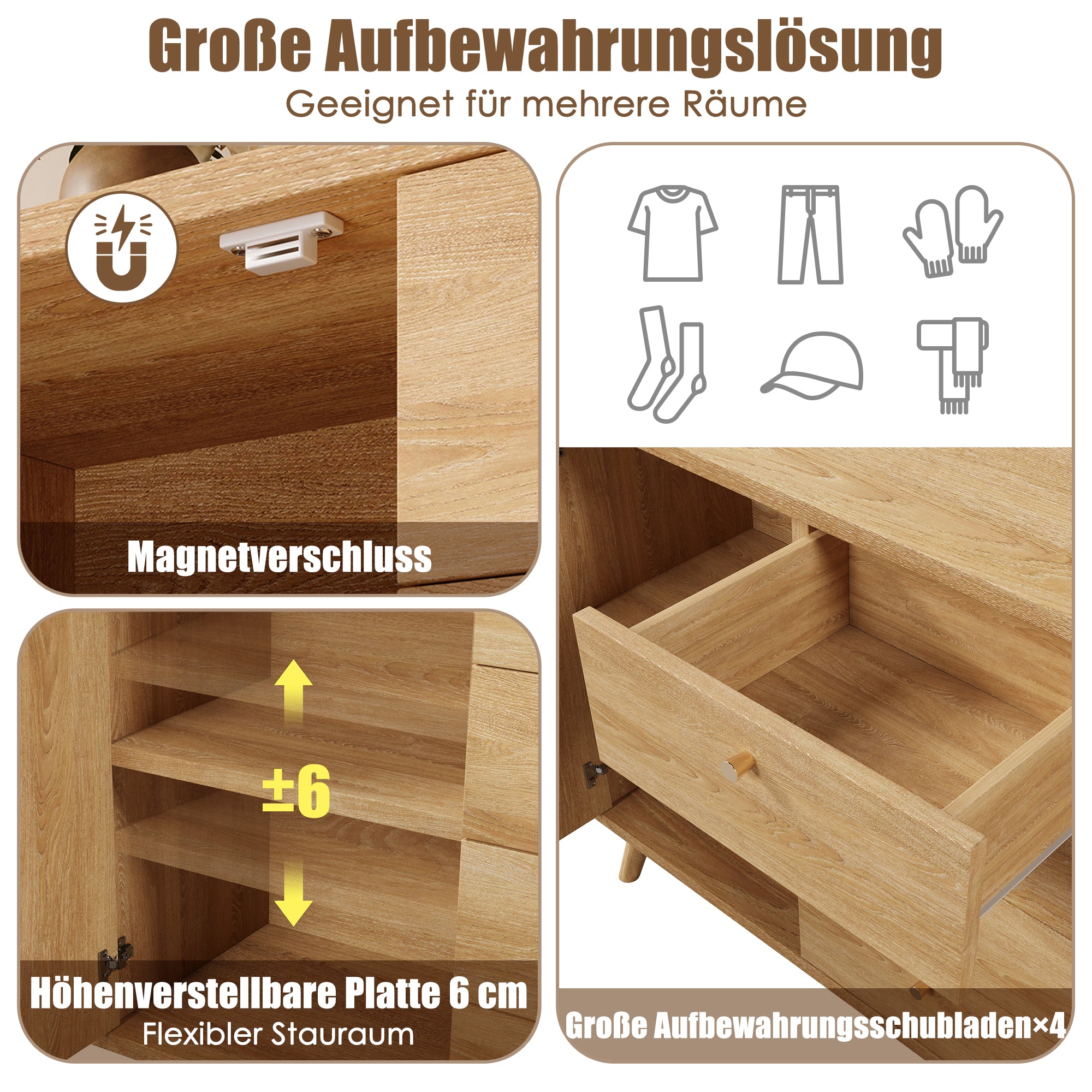 Sideboard Rattan Look Storage Cabinet 4 Drawers 2 Doors - Light Oak