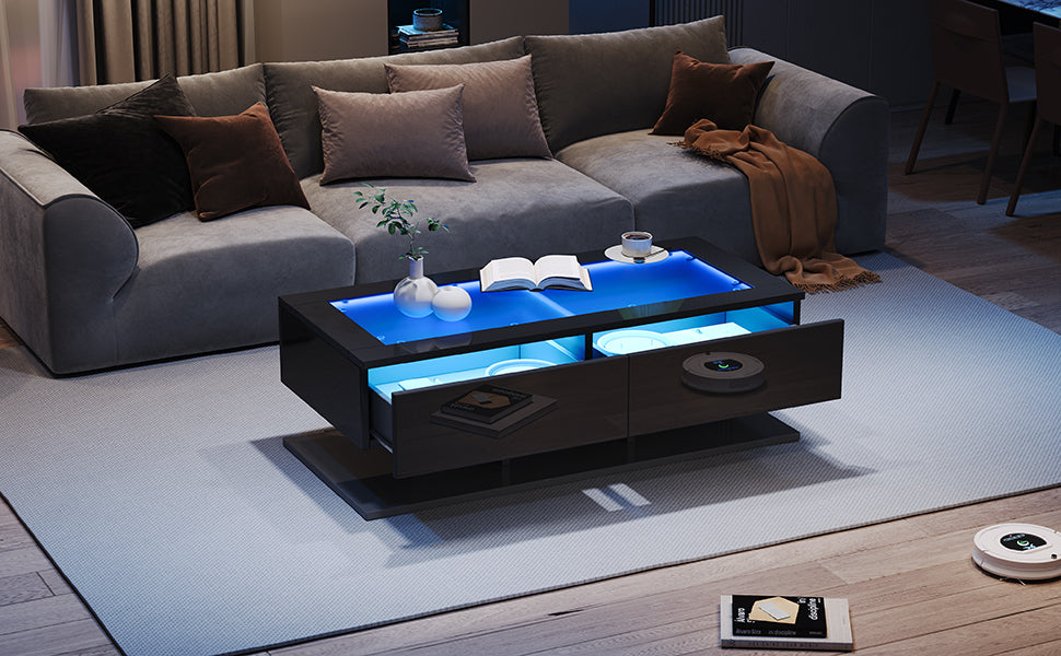 Coffee Table with Drawers, LED Light, Glass Top, Black
