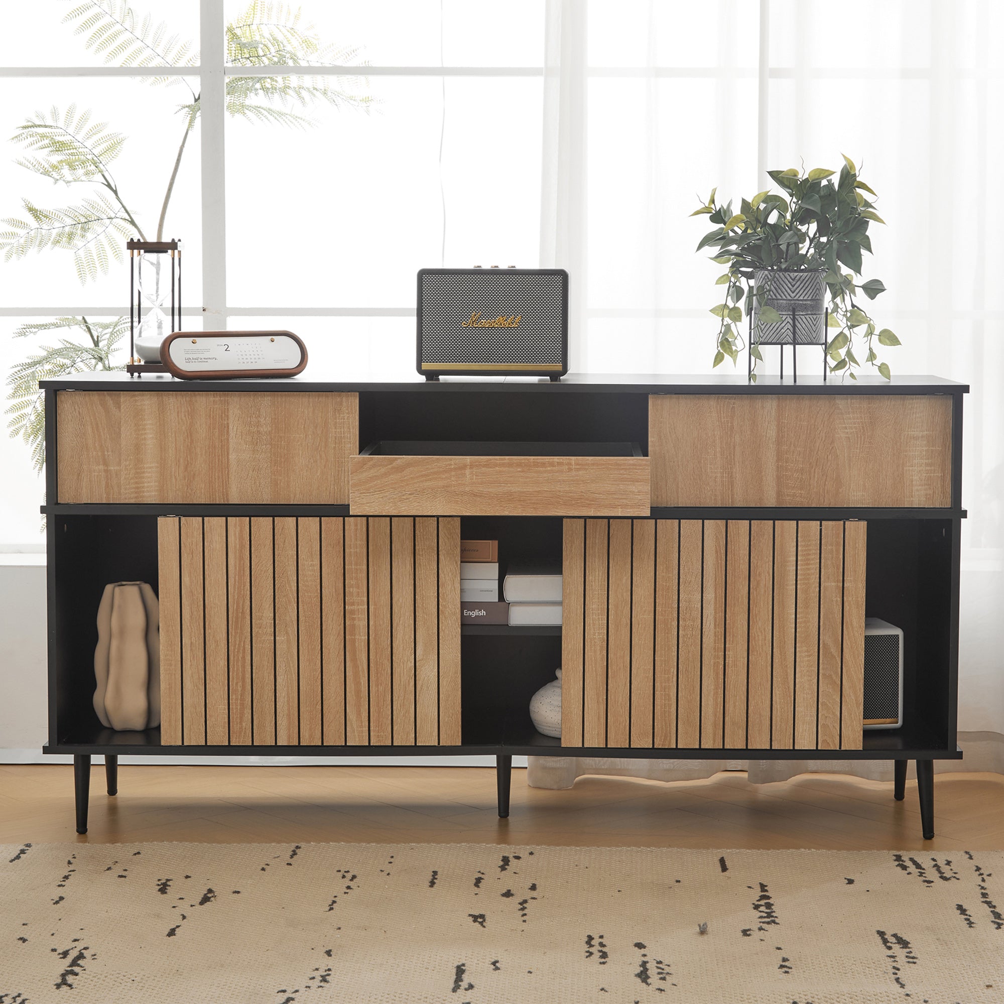 Chest of drawers with 4 sliding doors and 1 drawer, oak and black, 160W x 40D x 80H