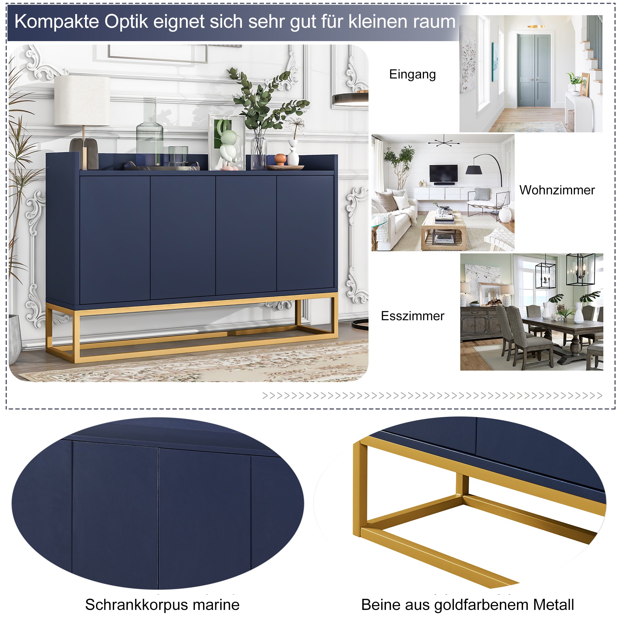 Sideboard, Modern Minimalist 4-Door Handleless Buffet, Navy Blue