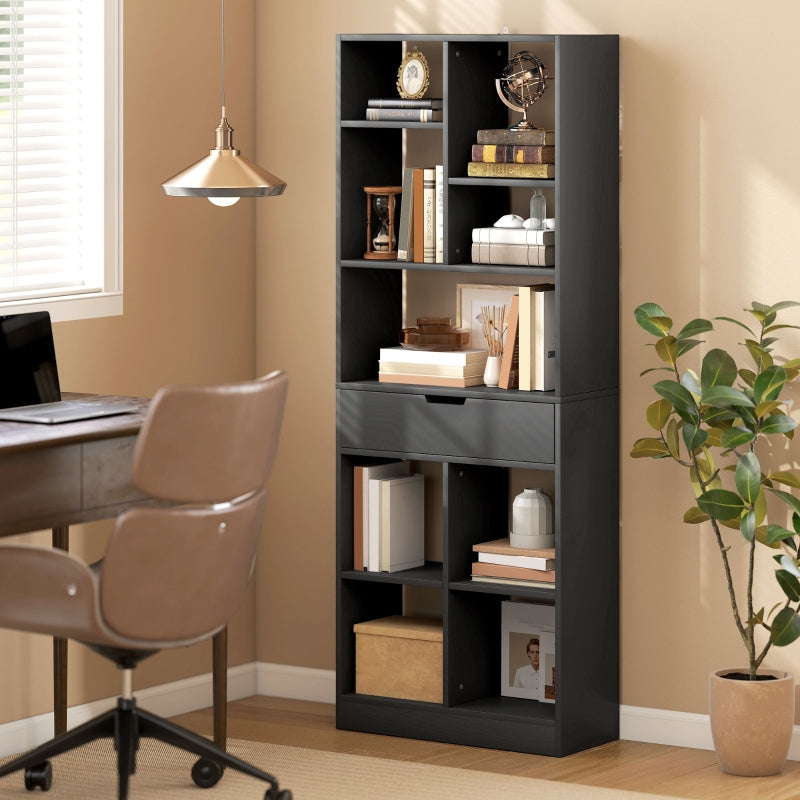 Tall Bookshelf with Drawer Freestanding Bookcase, Black