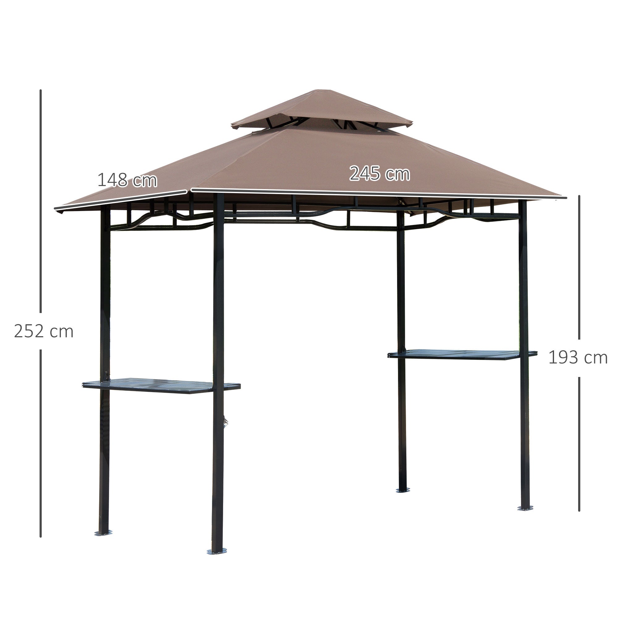 Grill Gazebo Canopy, 2.5x1.5m Double Tiered BBQ Shelter w/ 2 Side Shelves, Coffee