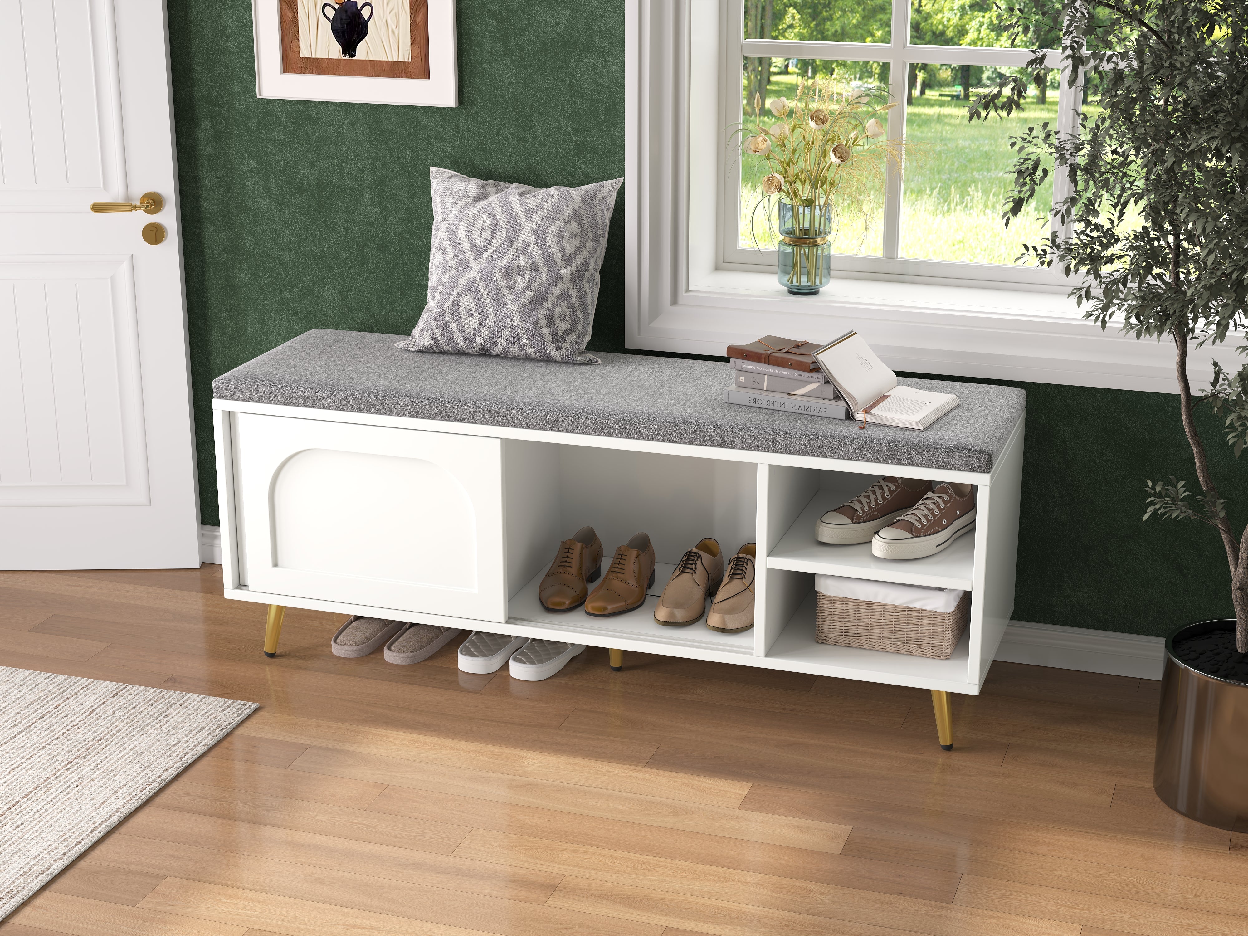 Shoe Bench Storage with Seat Cushion - White