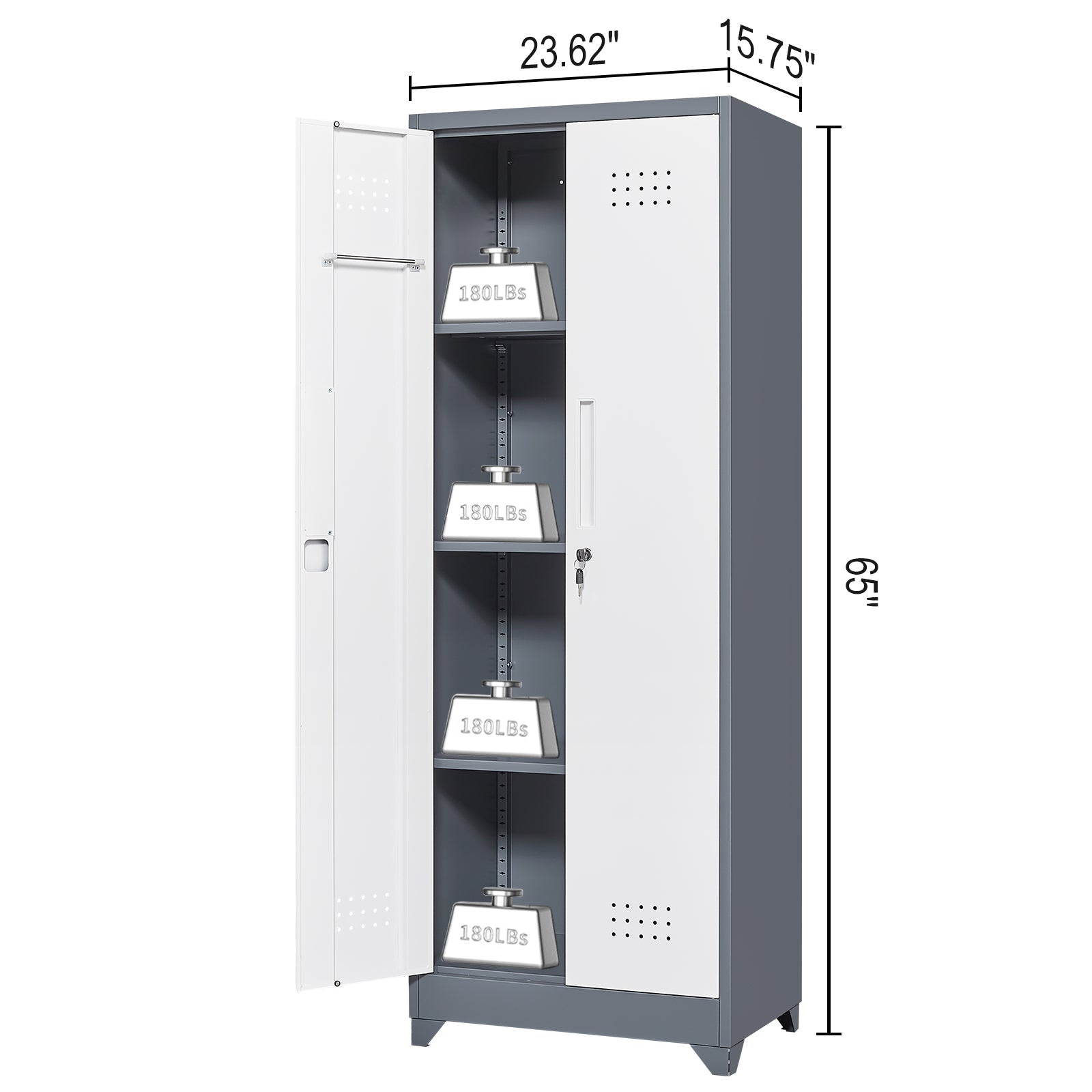 Broom Storage Cabinet with Locking Doors, Hanging Rod and S-Hooks, 65 Inch Metal, Gray