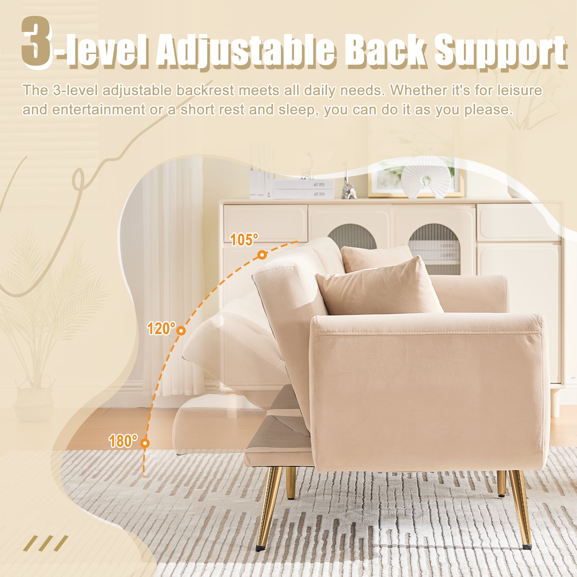 GOMYWAY 2-Seater Sofa 3-Speed Adjustable Backrest Gold Metal Legs Velvet