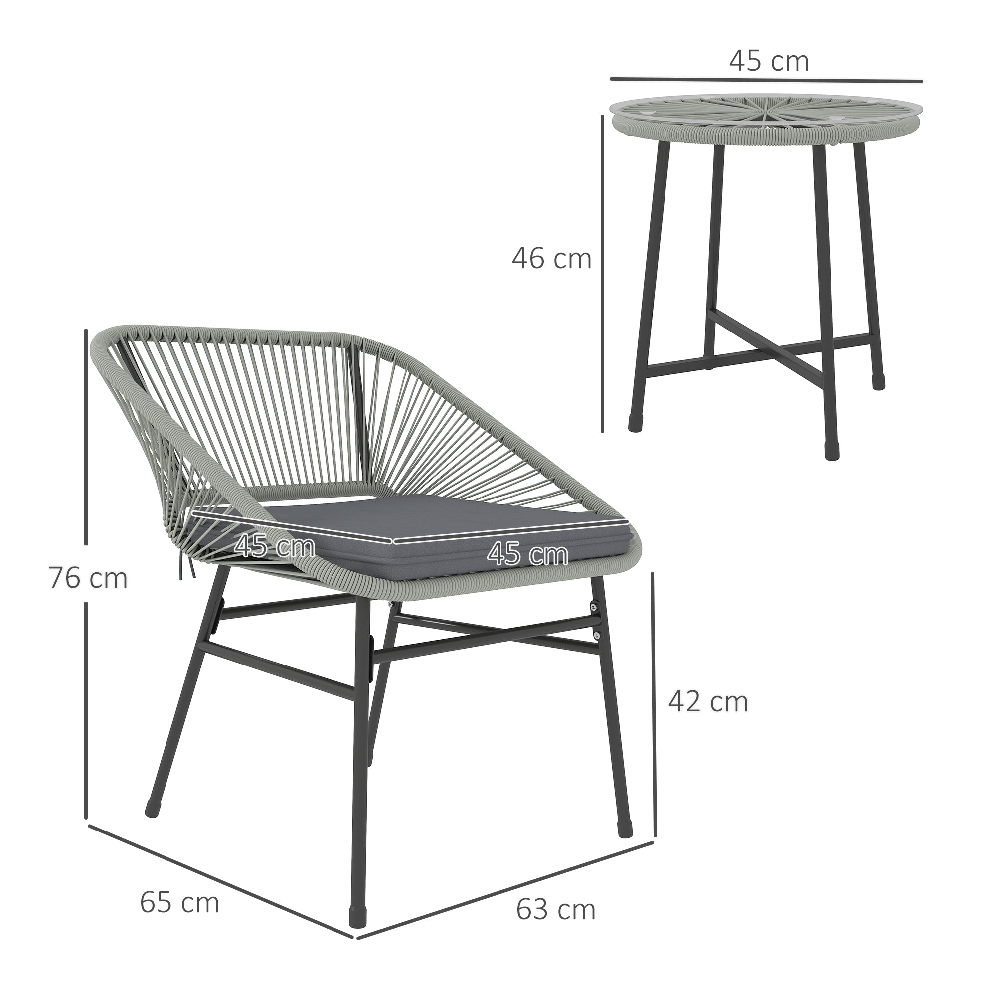3 Pieces Rattan Bistro Set, Wicker Table and Chairs with Glass Top and Cushions, Light Grey