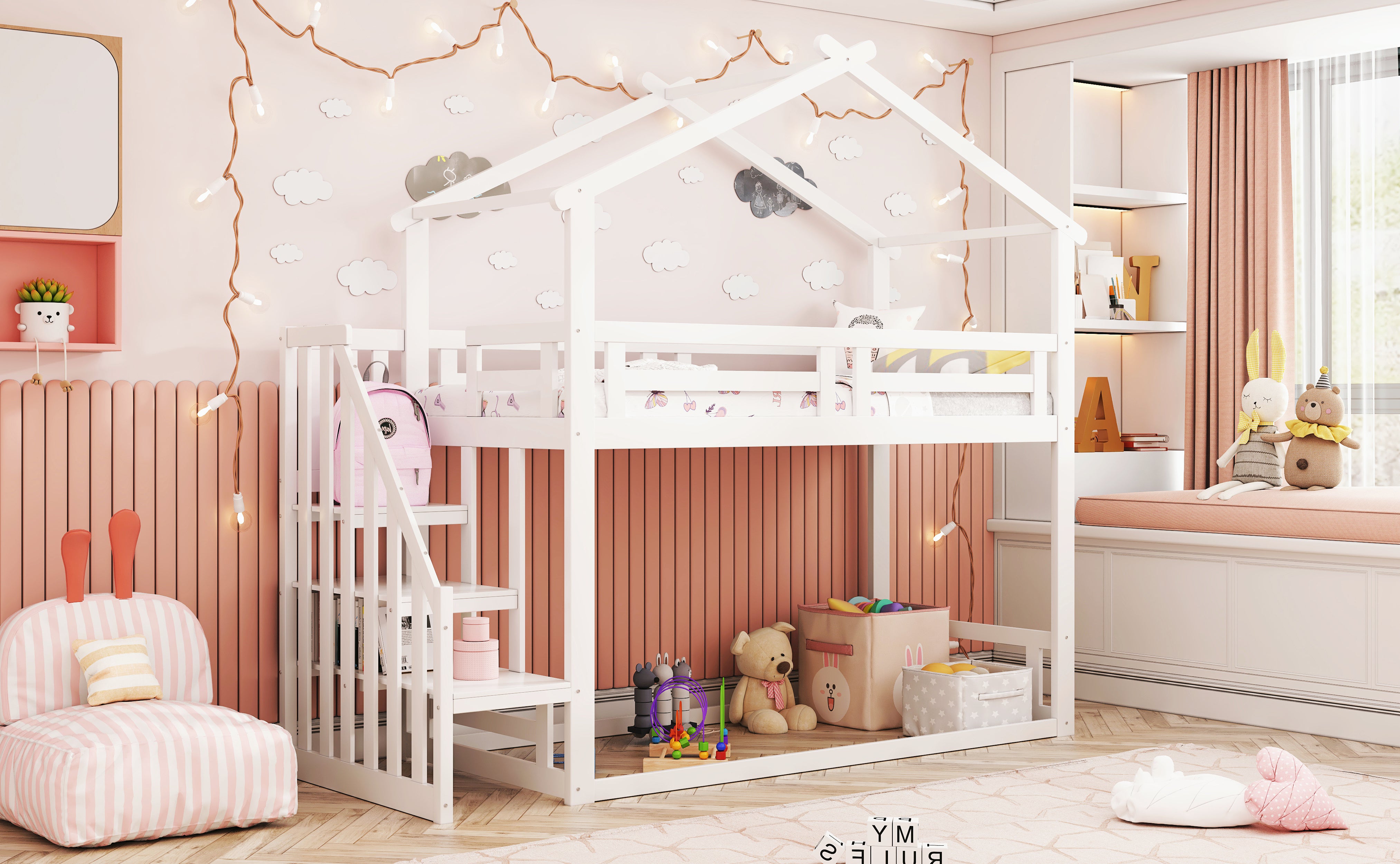 Children's Bed 90x200cm, Low Bunk Bed with Safety Stairs, Solid Wood, White