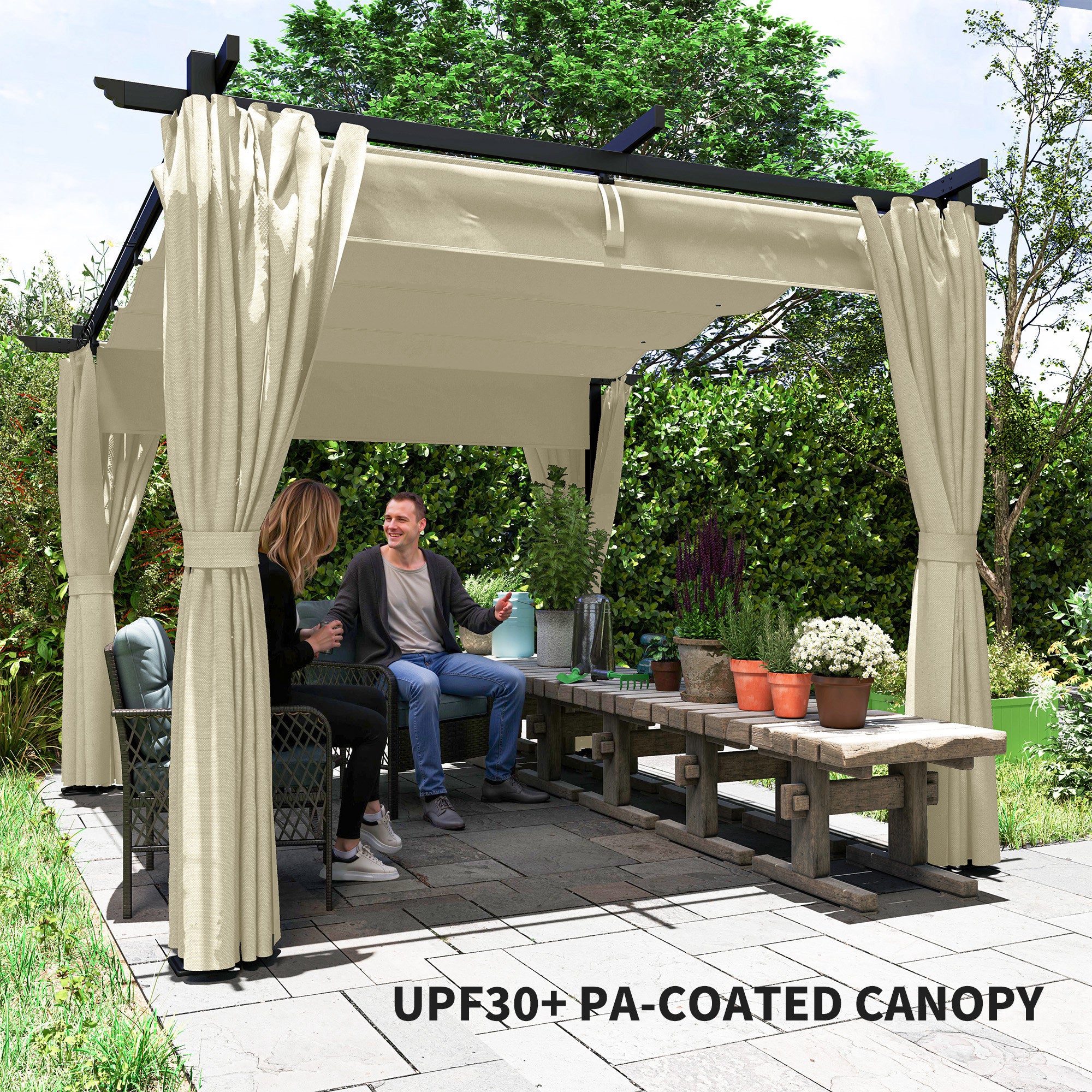 3 x 3 m Pergola, Retractable Roof and Curtains, Beige