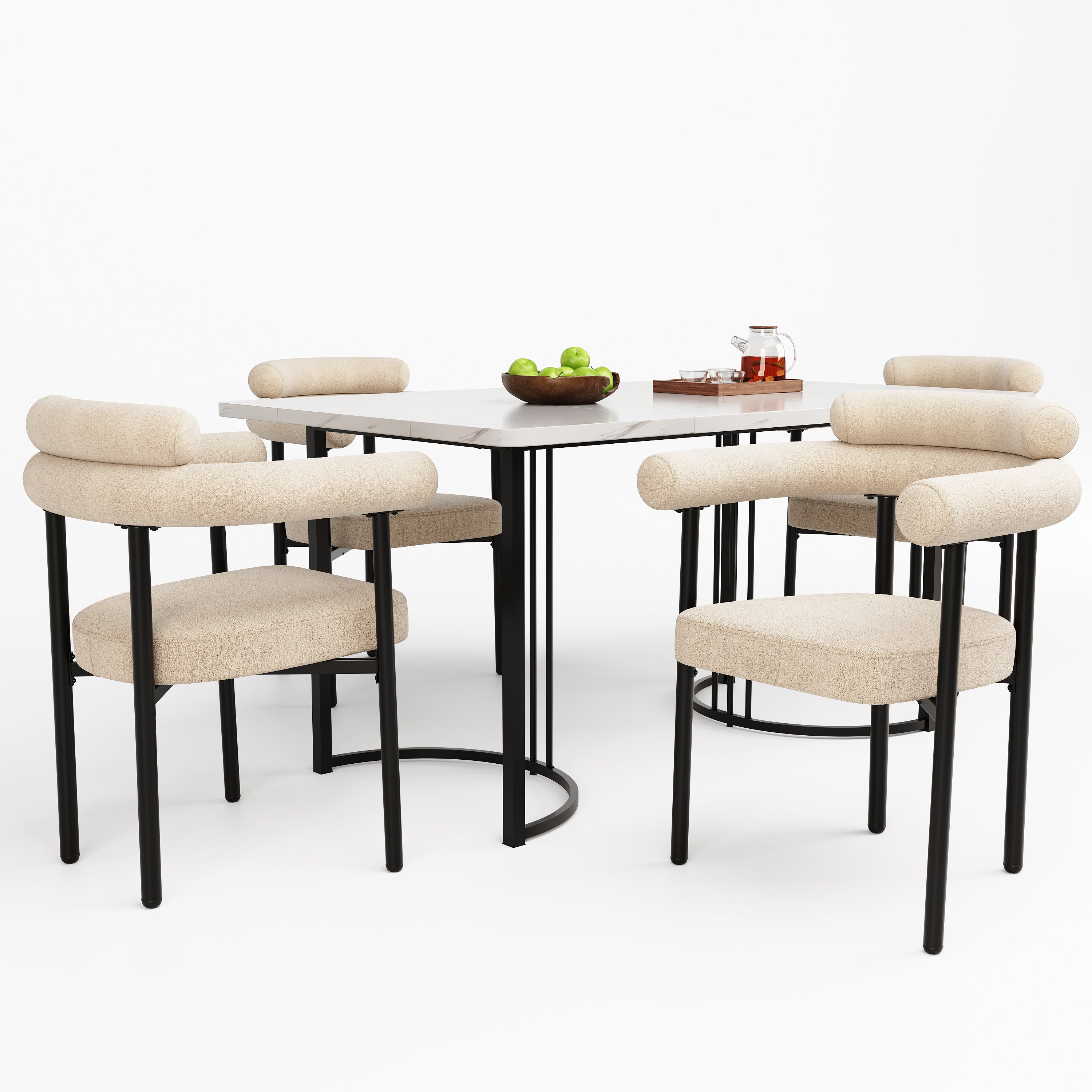 Dining Table and Chair Set, 5-Piece with Metal Legs and 4 Armchairs, Cream Suede Fabric