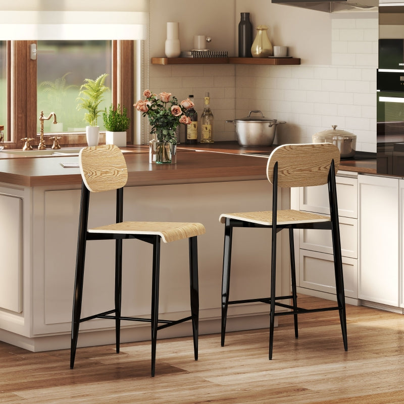 Bar Stool Set of 2, Footrest, 66cm Height, Industrial Design, Natural Wood + Black