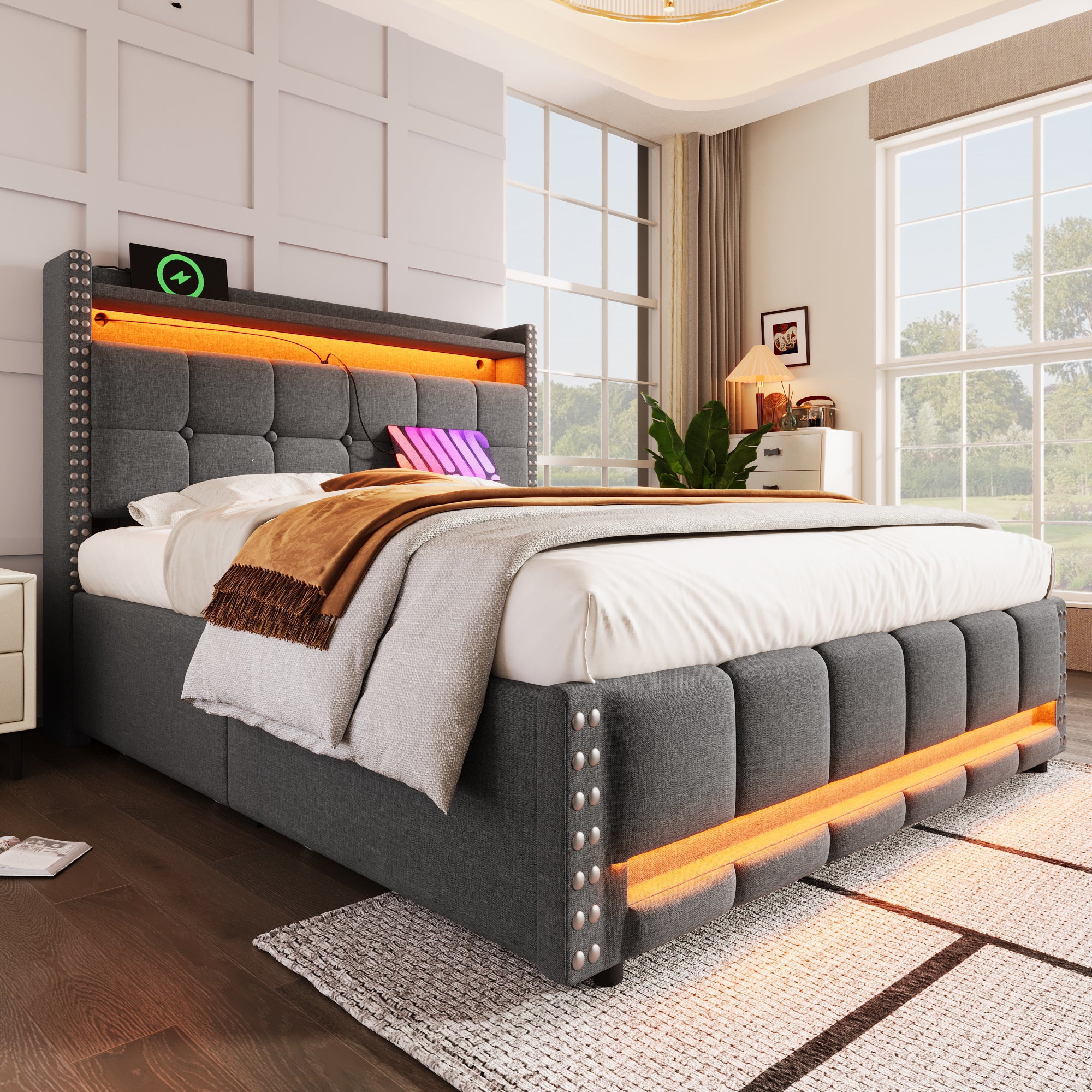 Upholstered Bed 140*200cm, LED & USB, Hydraulic Storage, Linen Fabric Grey
