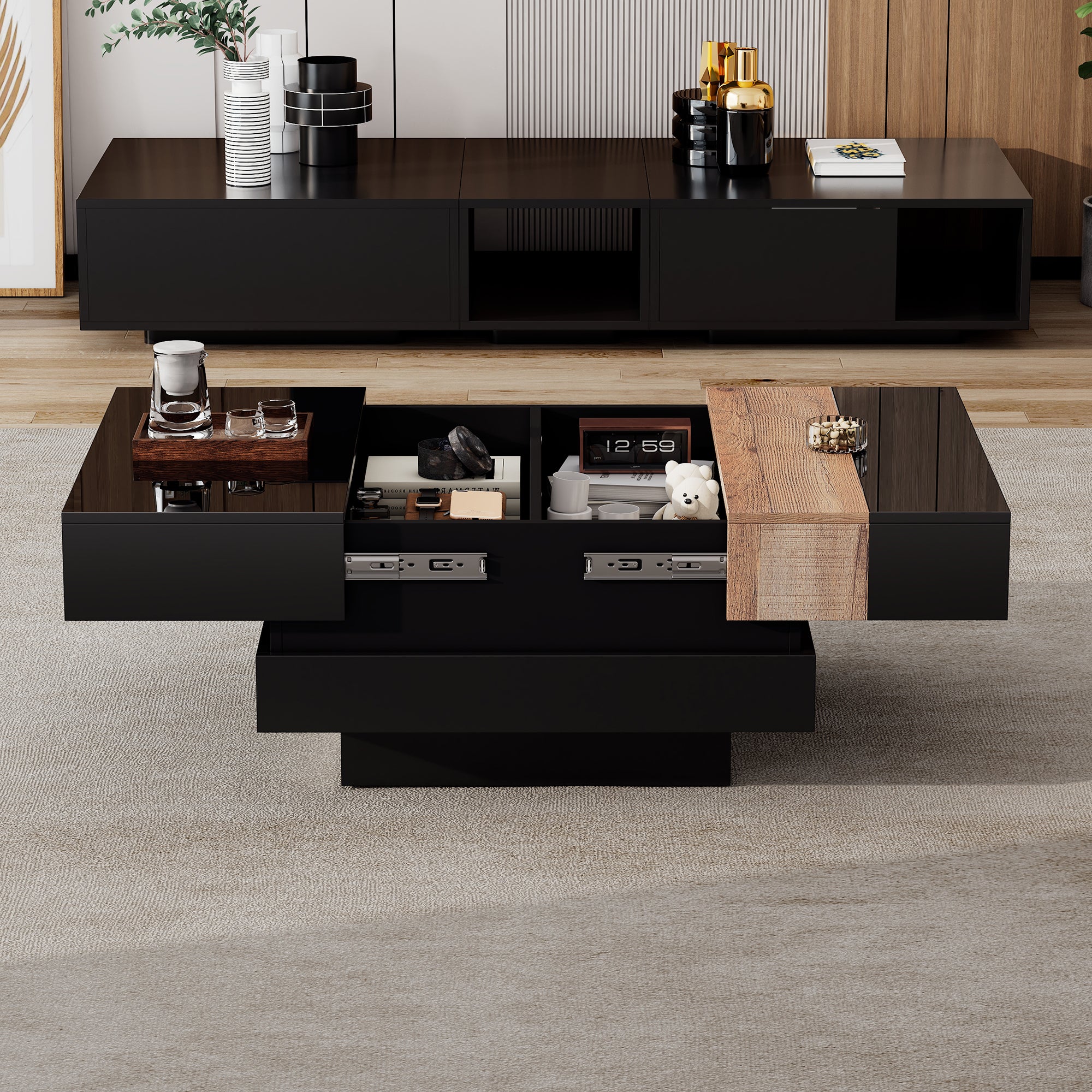 Extendable Coffee Table Hidden Storage High-Gloss - Black