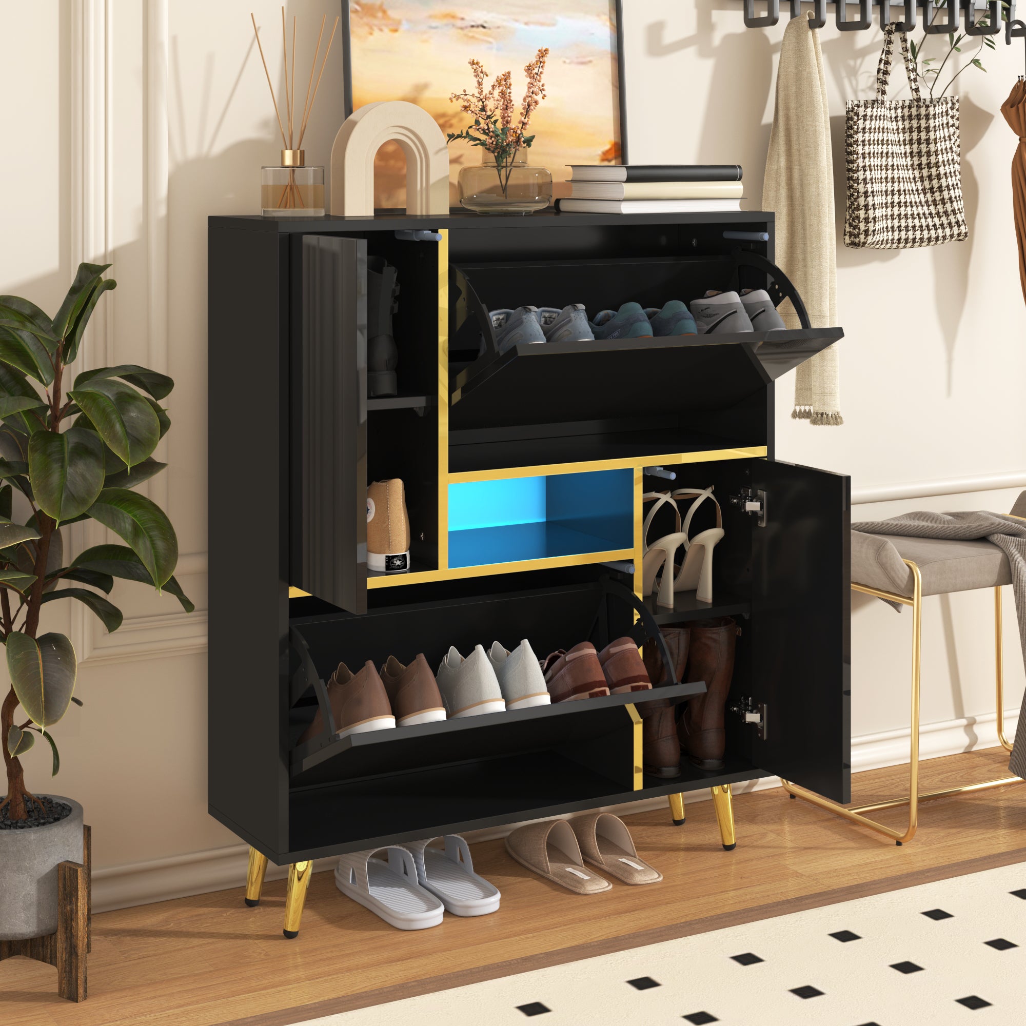 Modern shoe cabinet, high-gloss front, 16-color LED light, black