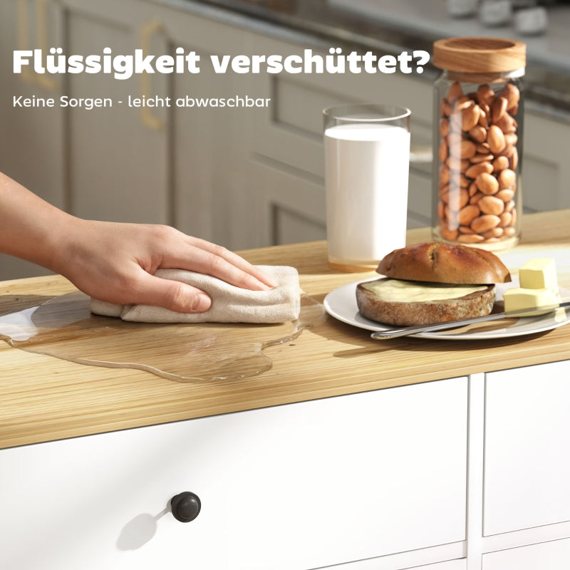 Rolling Kitchen Island 2 Drawers 2 Cabinets Spice Towel Knife Storage - White MDF