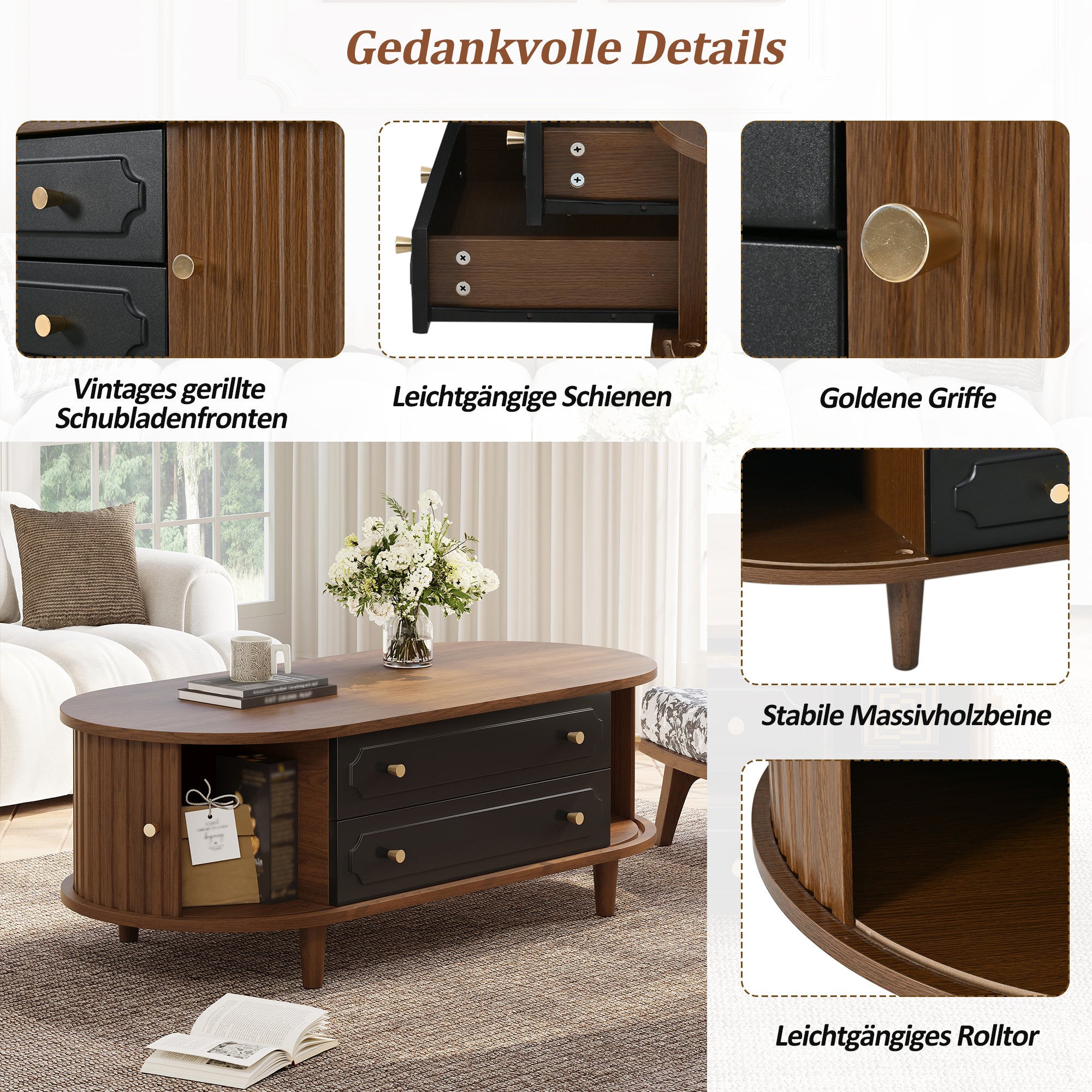 Coffee Table with 2 Drawers and Roll-up Doors, Walnut and Black