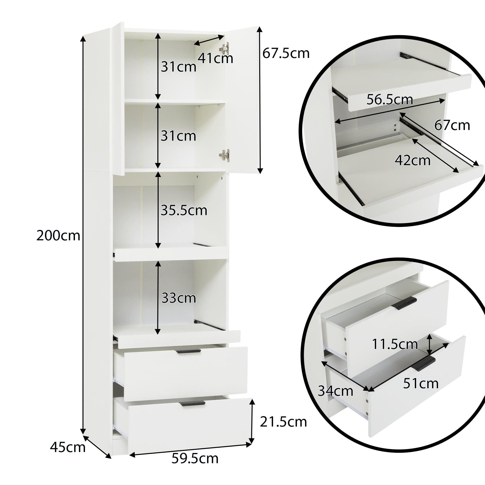 Tall Storage Cabinet 200cm High Doors Drawers Microwave Shelf - White