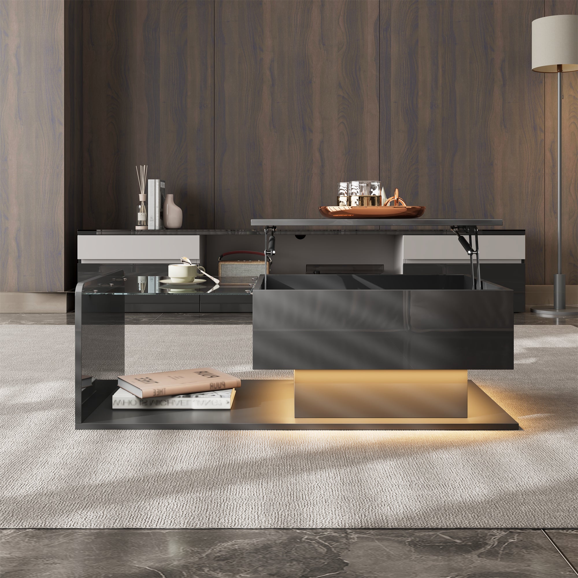 Coffee Table with Glass & LED, High-Gloss Black