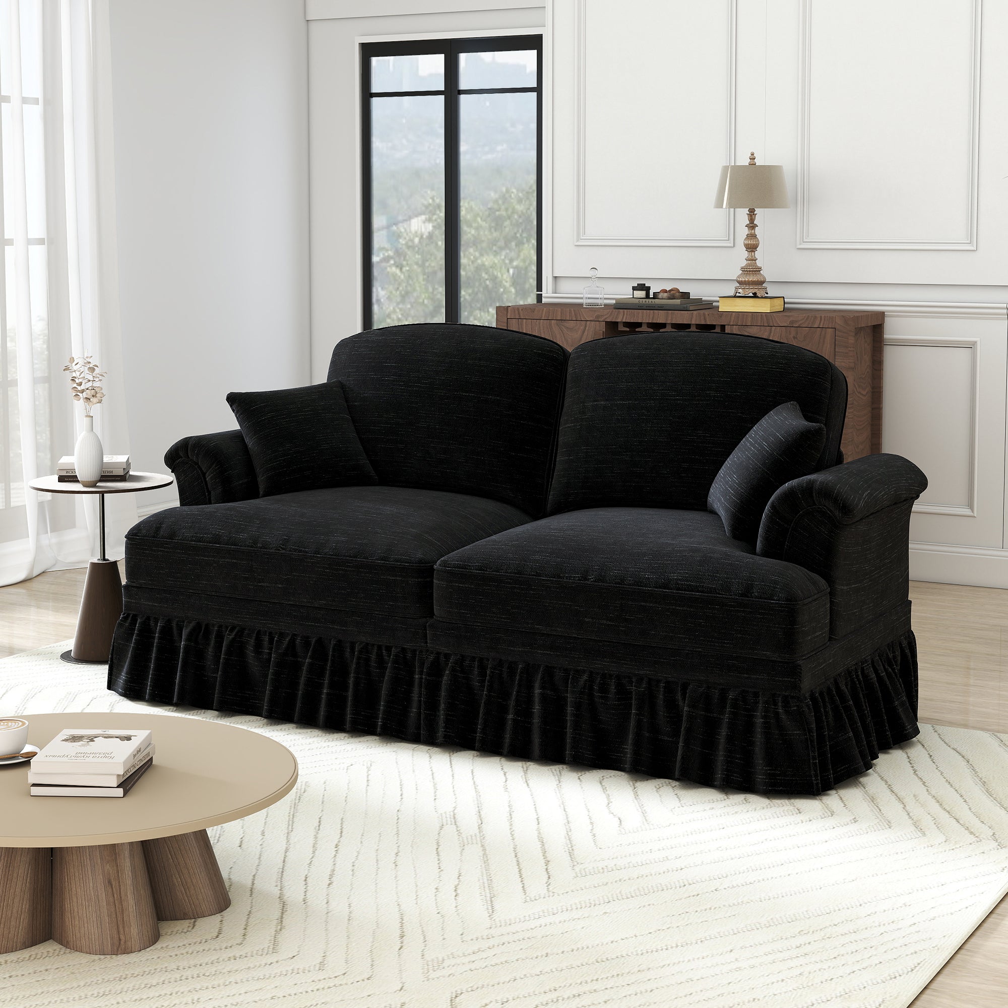 2-Seater Sofa, Medieval-Modern Style with Flared Armrests & Removable Valance, Black Chenille Fabric