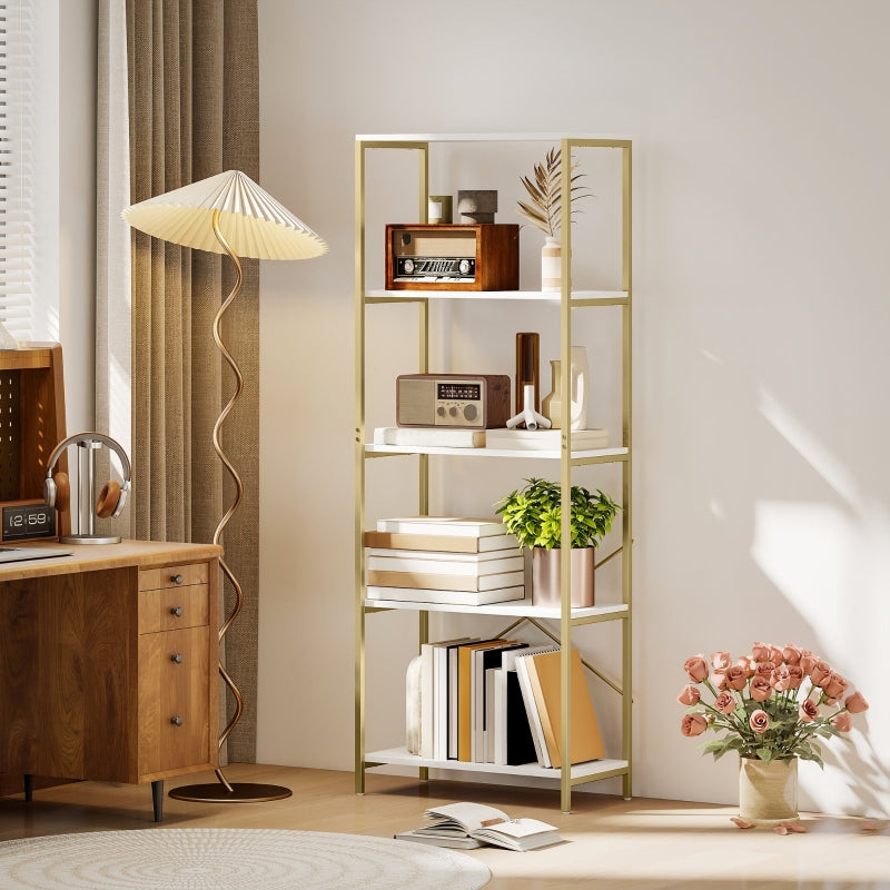 5-Tier Bookshelf Modern Bookcase with Metal Frame, White and Gold Tone