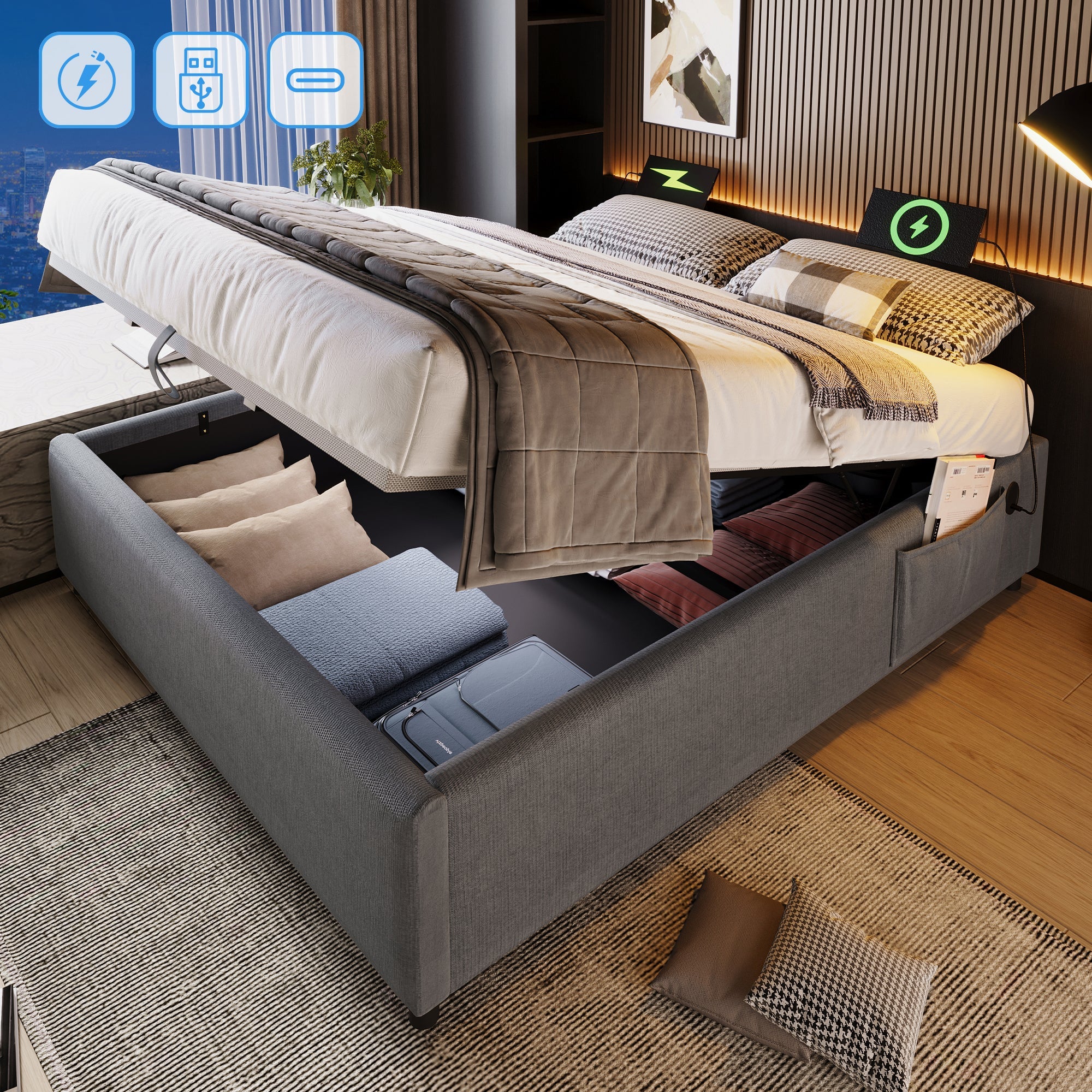 Upholstered Double Bed 160x200cm with USB-C, Cotton, Grey