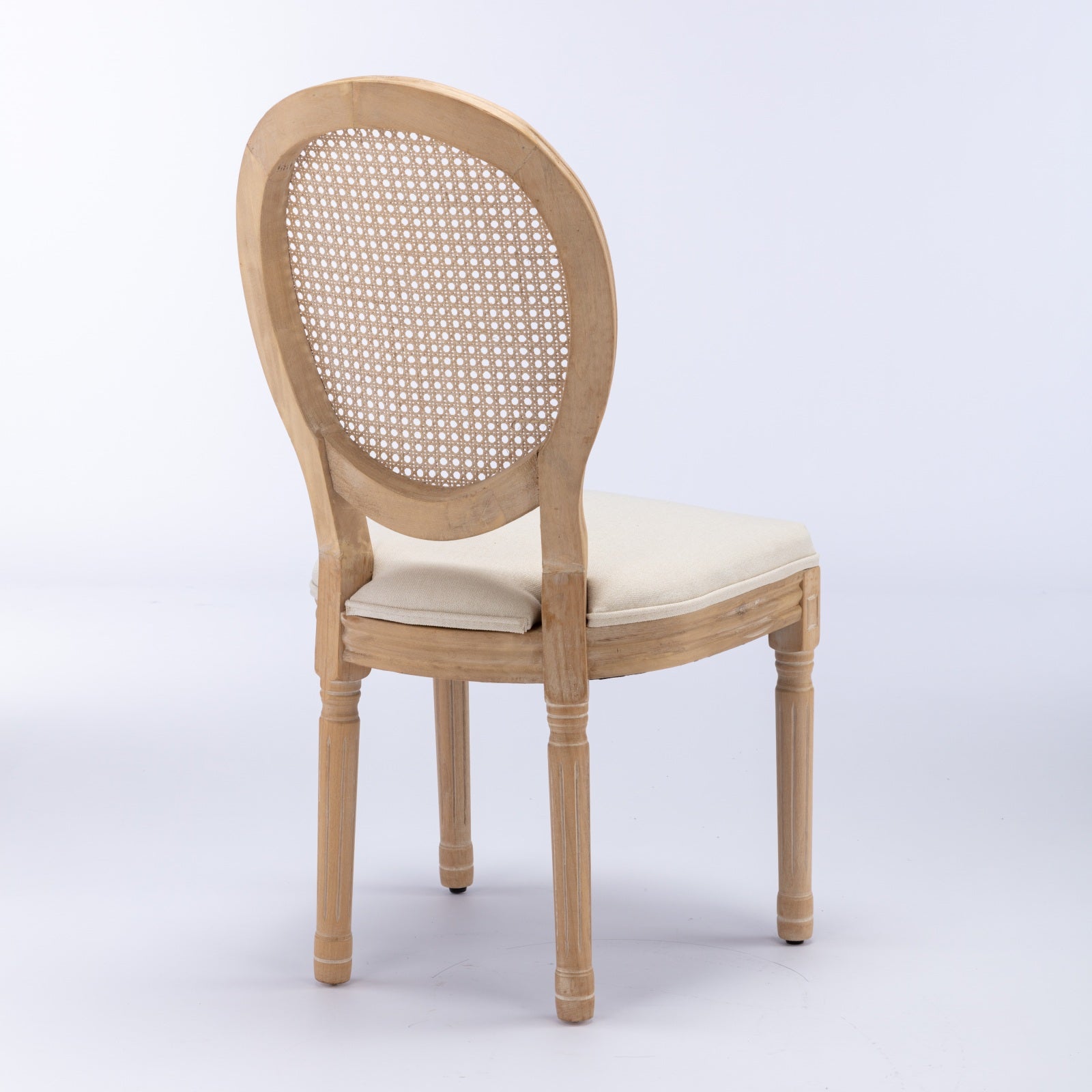 French Style Dining Chair Set of 2 Rattan Back Solid Wood Linen Fabric, Cream/Beige