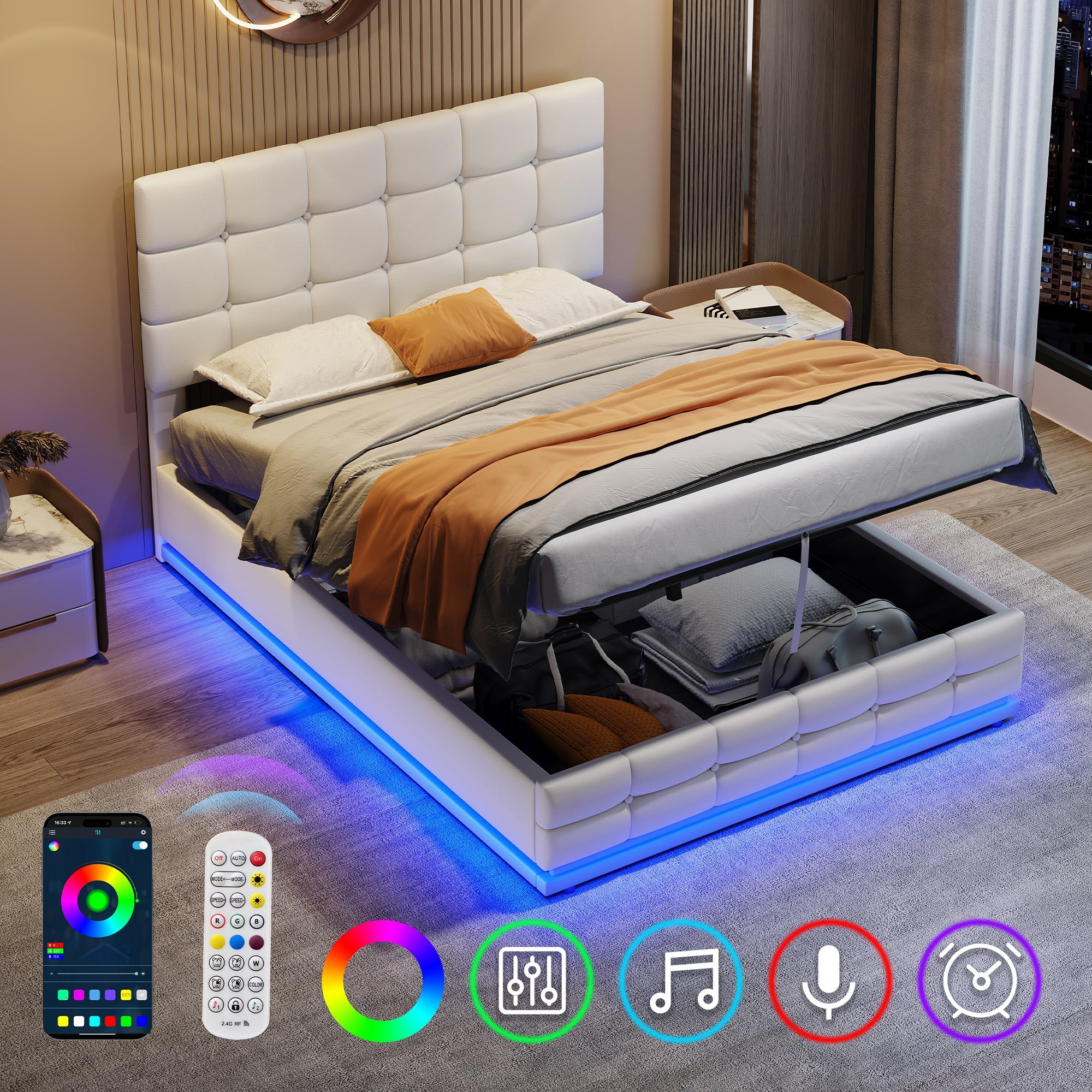 Ottoman Double Bed with LED Lighting, Hydraulic Storage, Adjustable Button Tufted Headboard, Cream White PU Leather (No Mattress)