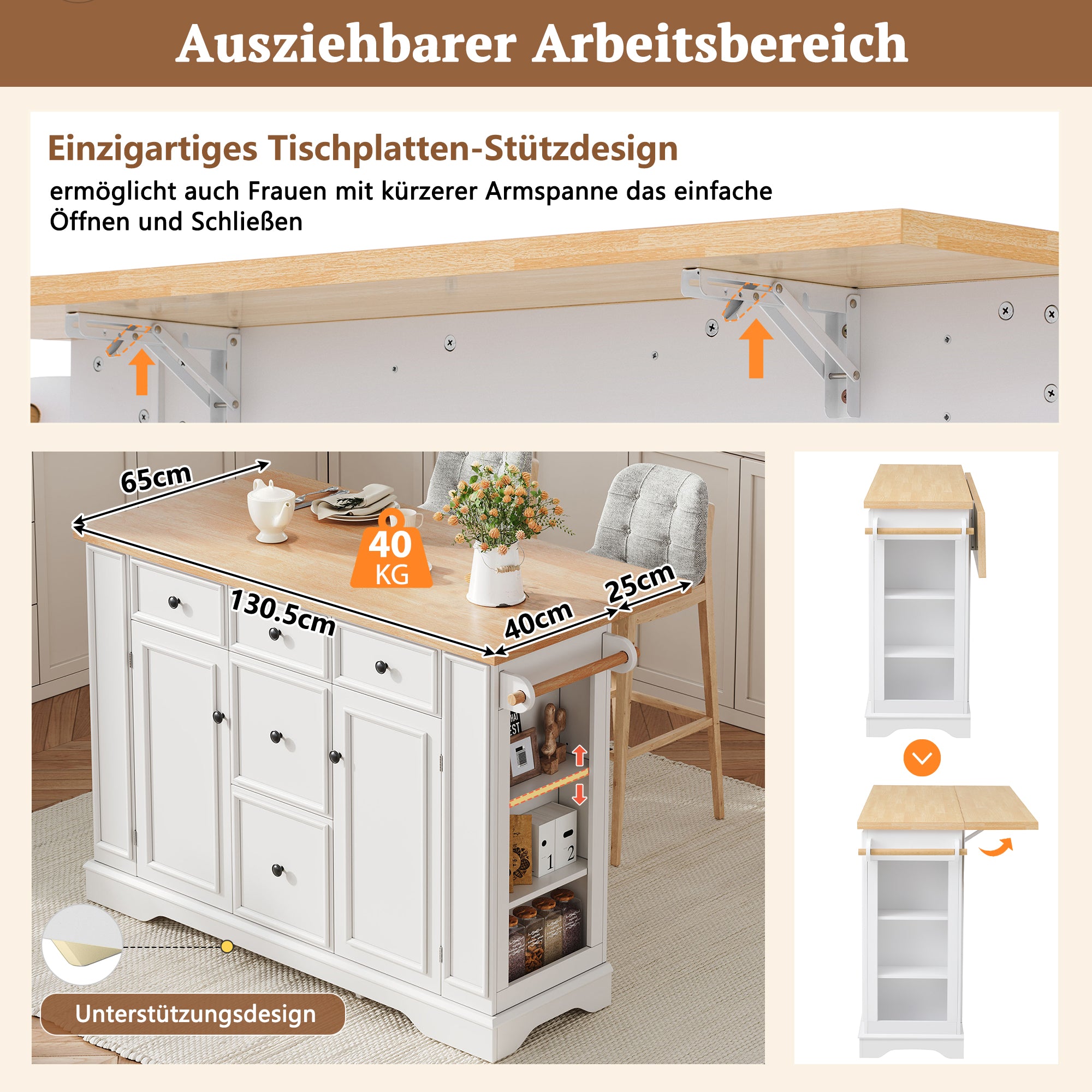 Extendable Kitchen Island with Drawers, Shelves & Power Strips - White