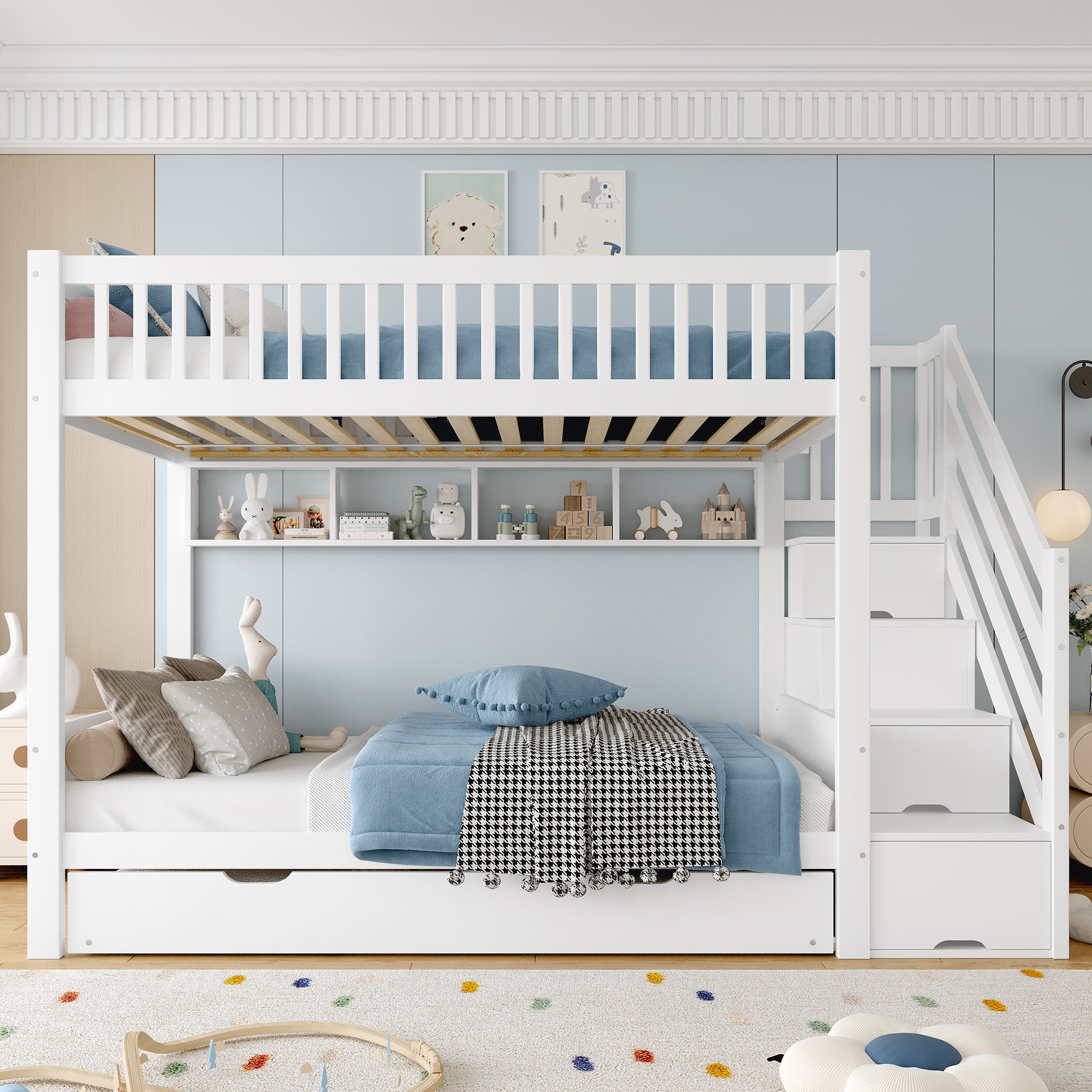 Bunk Bed 90x200cm Pull-out Bed with Shelf, Wardrobe & Storage - White