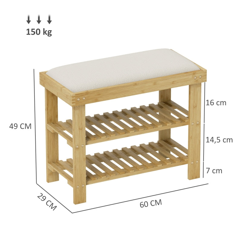 Shoe Bench with Storage, 2 Compartments, Bamboo Cream White