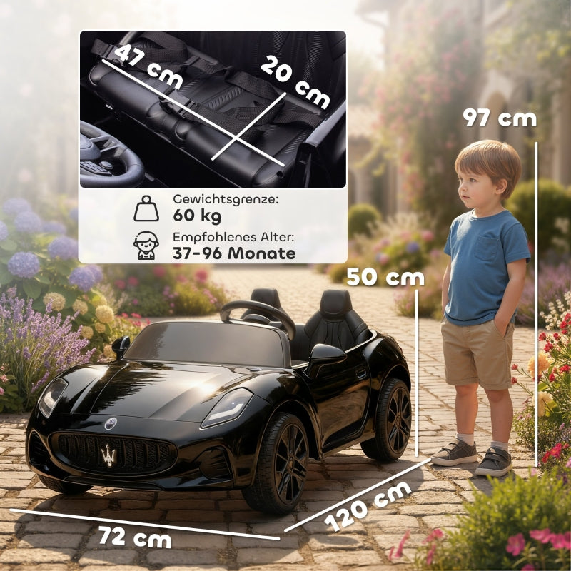 Maserati 2-Seater Electric Car for Children, 12V Battery with Remote Control and LED Lights, Black