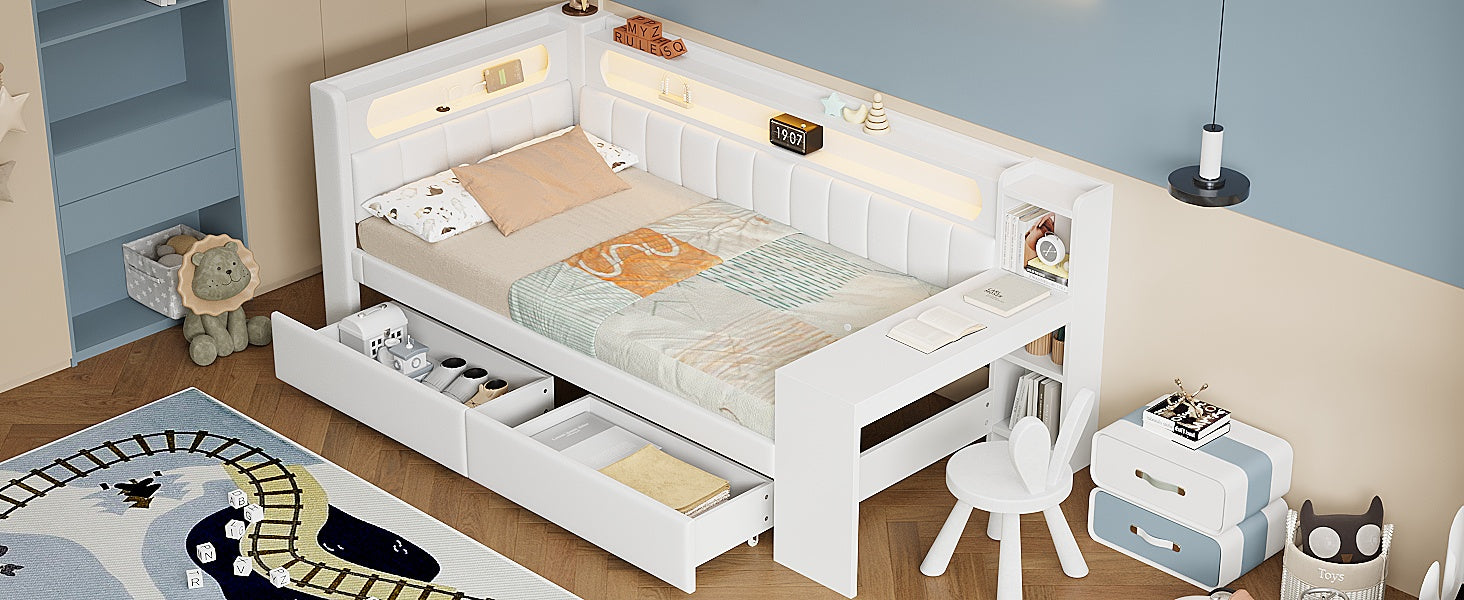 Upholstered Daybed 90x200 with Desk, LED Light, USB Port & 2 Drawers, White
