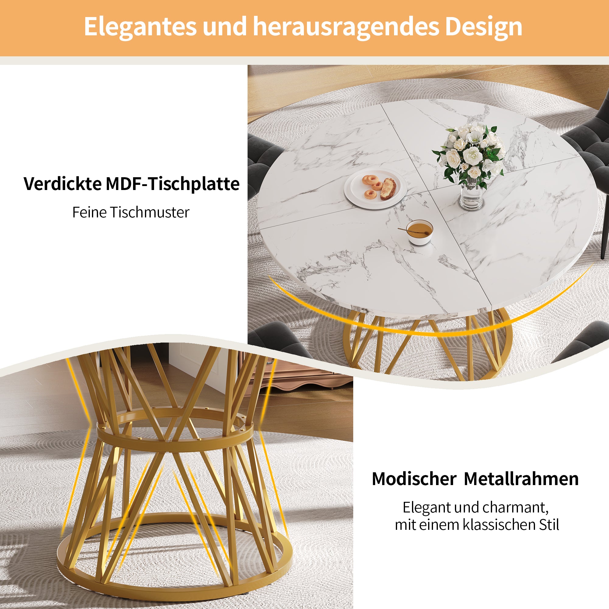 Round Dining Table 100cm 4-Seater MDF Marble Top Gold