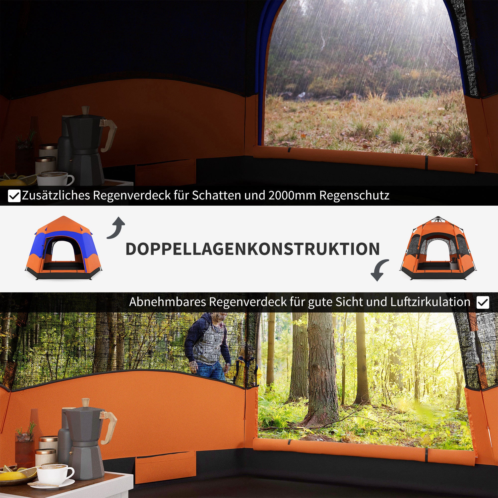 Family Tent Quick-Up Double-Wall for 4-6 Persons, 4 Seasons, Waterproof, with Mosquito Net, 2 Doors