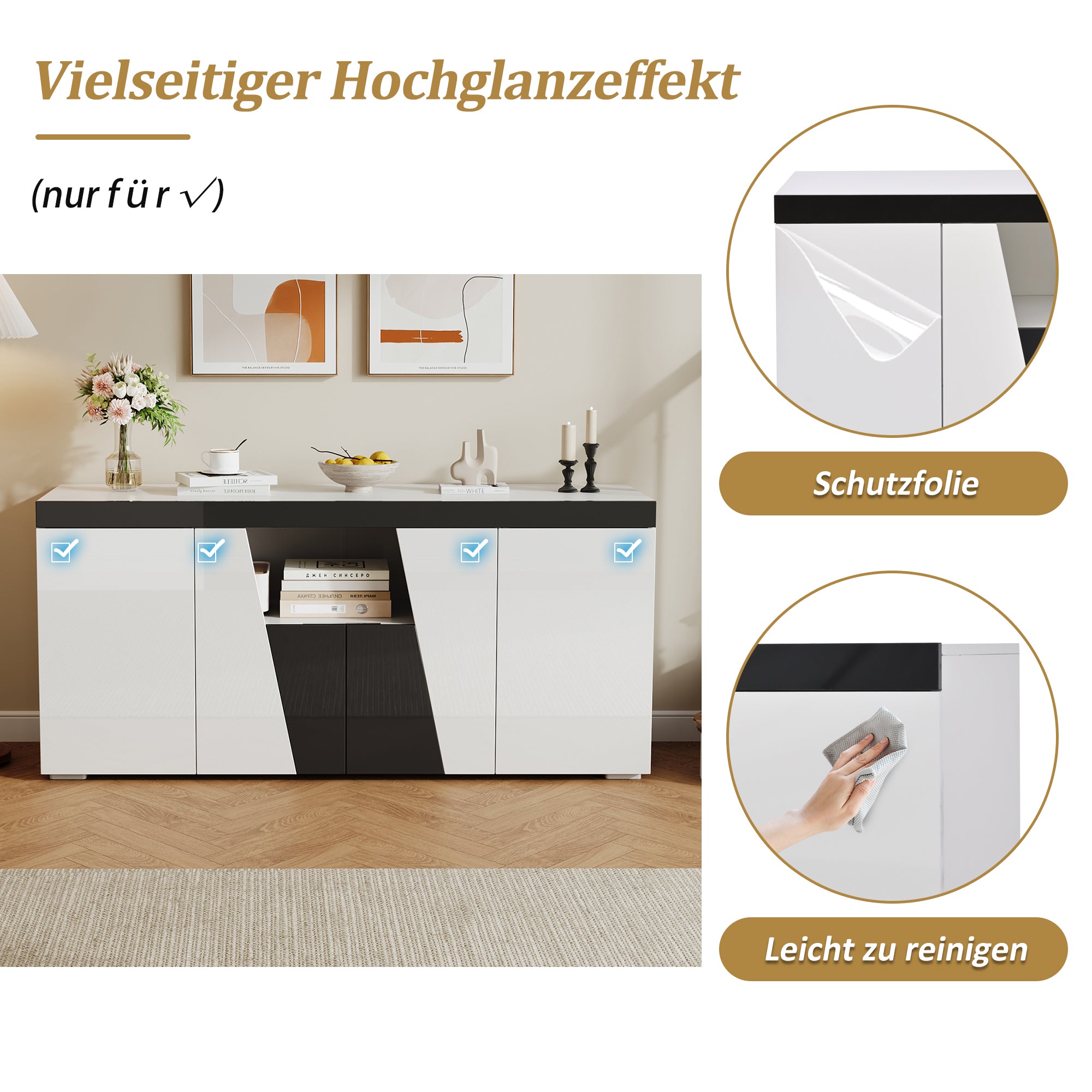 Living Room Sideboard with 4 Doors, Angled Design & LED Light Strip, Black and White Chipboard